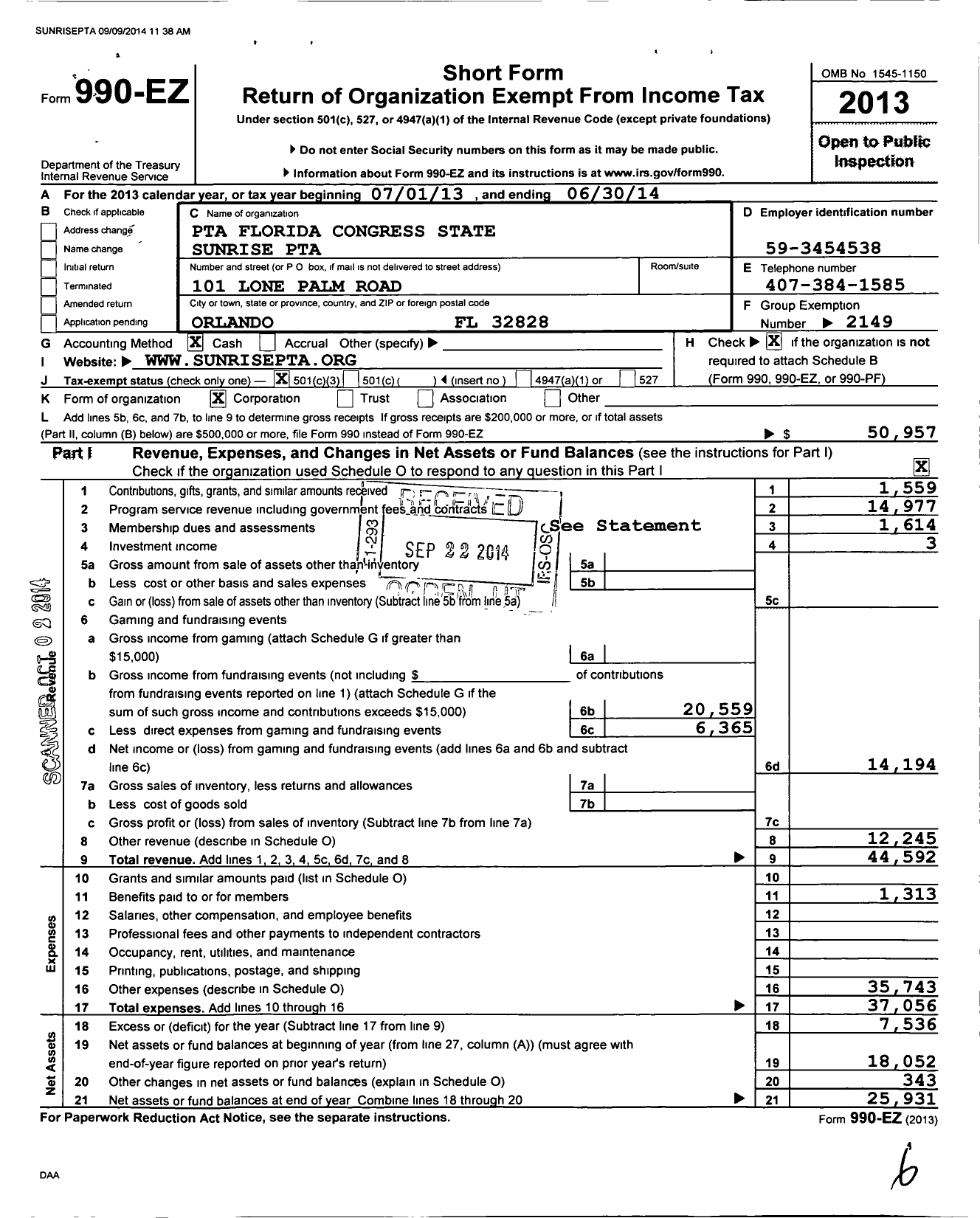 Image of first page of 2013 Form 990EZ for PTA Florida Congress - Sunrise Elementary PTA