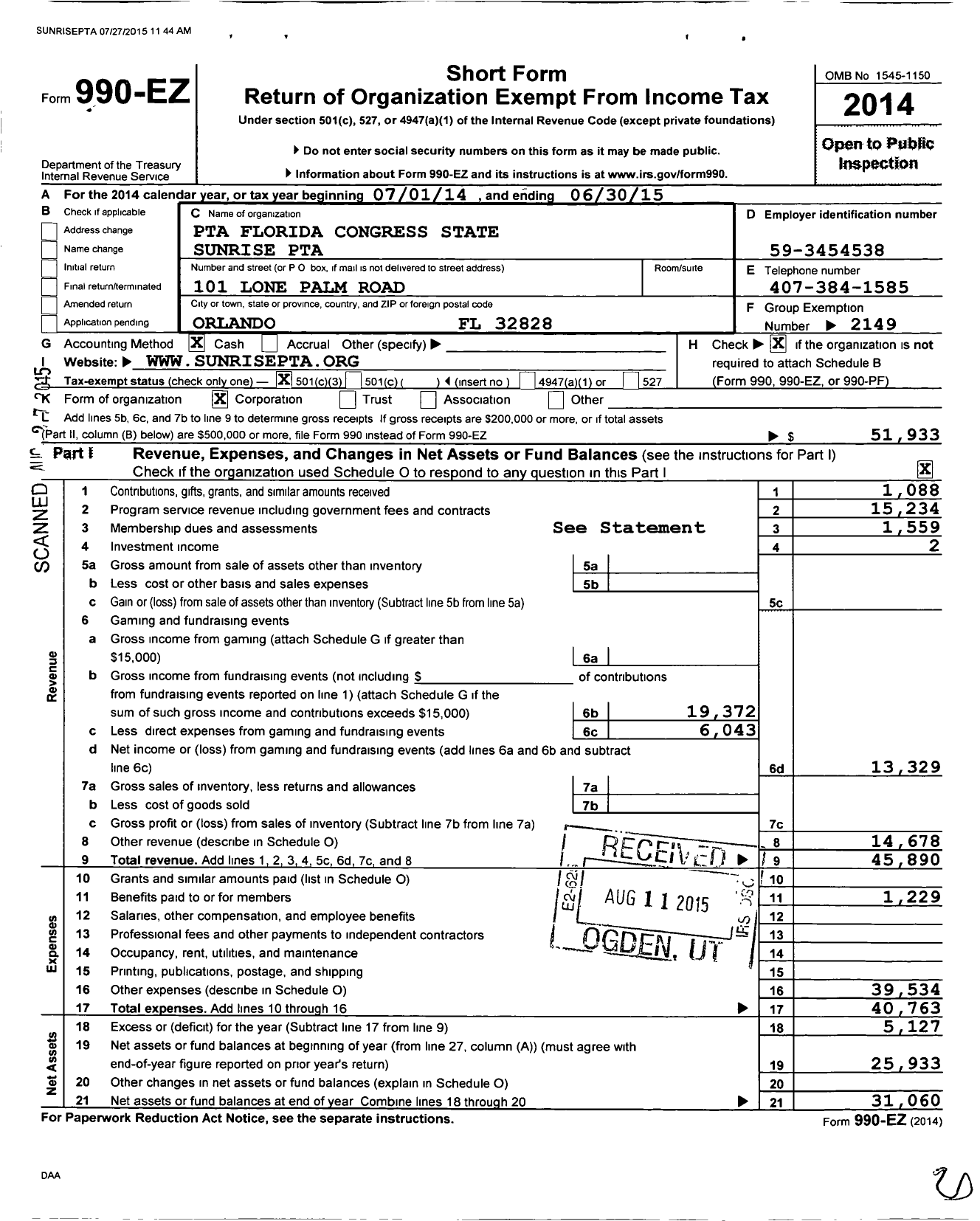 Image of first page of 2014 Form 990EZ for PTA Florida Congress - Sunrise Elementary PTA