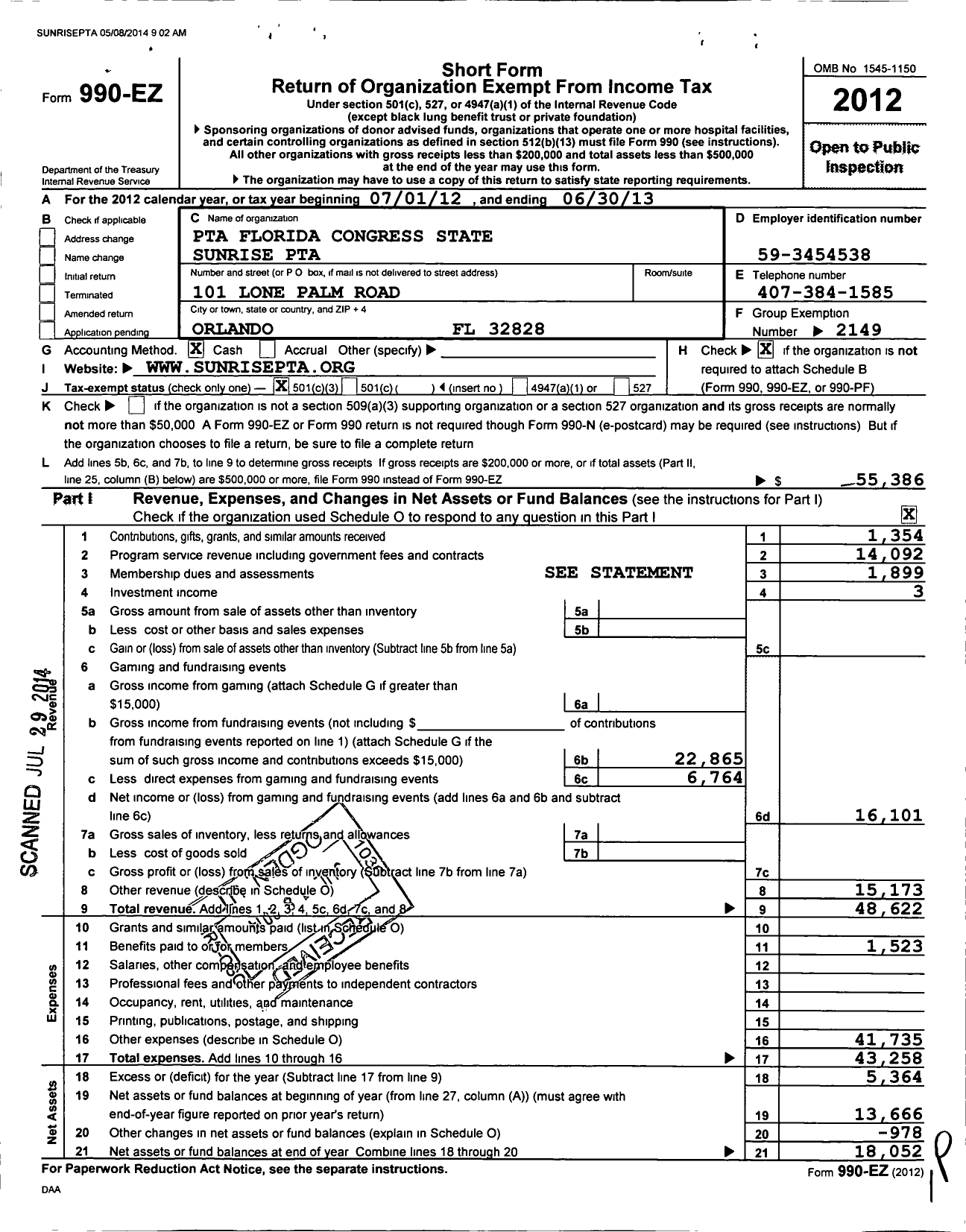 Image of first page of 2012 Form 990EZ for PTA Florida Congress - Sunrise Elementary PTA