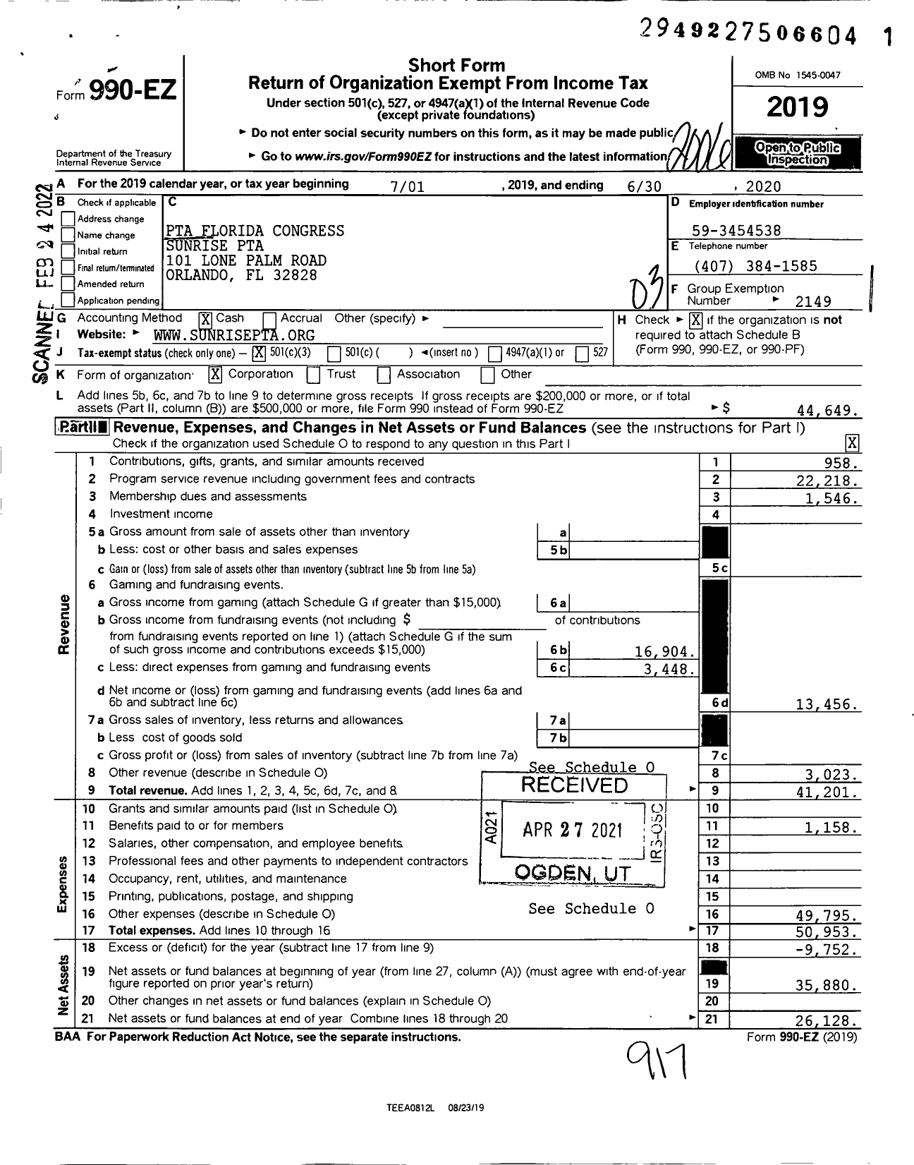 Image of first page of 2019 Form 990EZ for PTA Florida Congress - Sunrise Elementary PTA