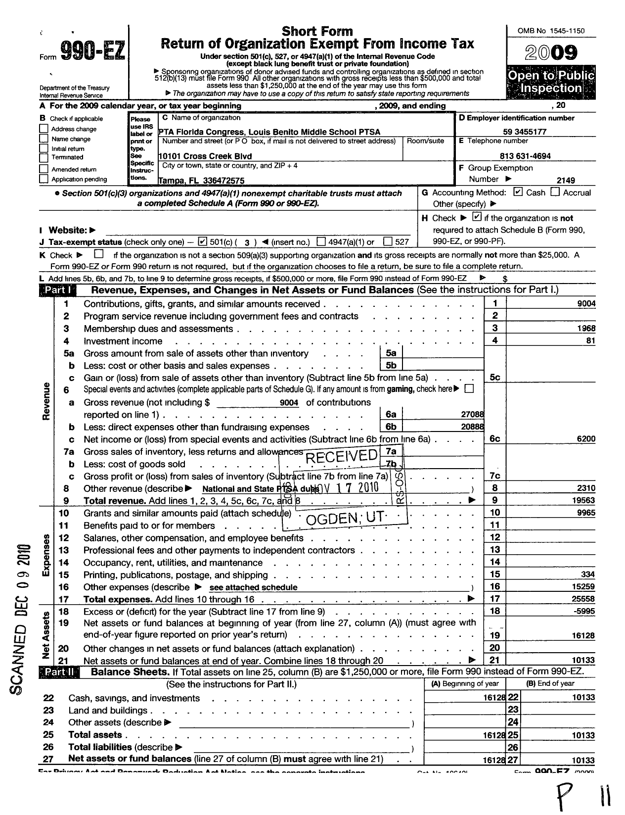 Image of first page of 2009 Form 990EZ for PTA Florida Congress - Louis Benito Middle Ptsa