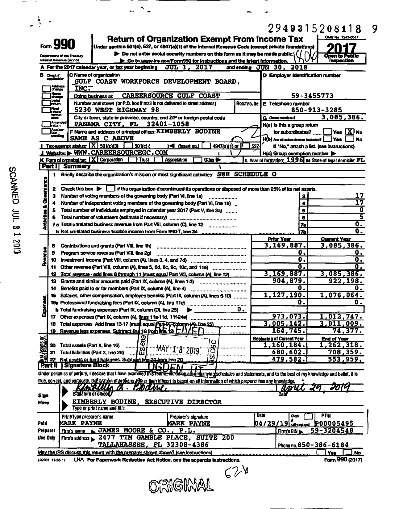 Image of first page of 2017 Form 990 for CareerSource Gulf Coast