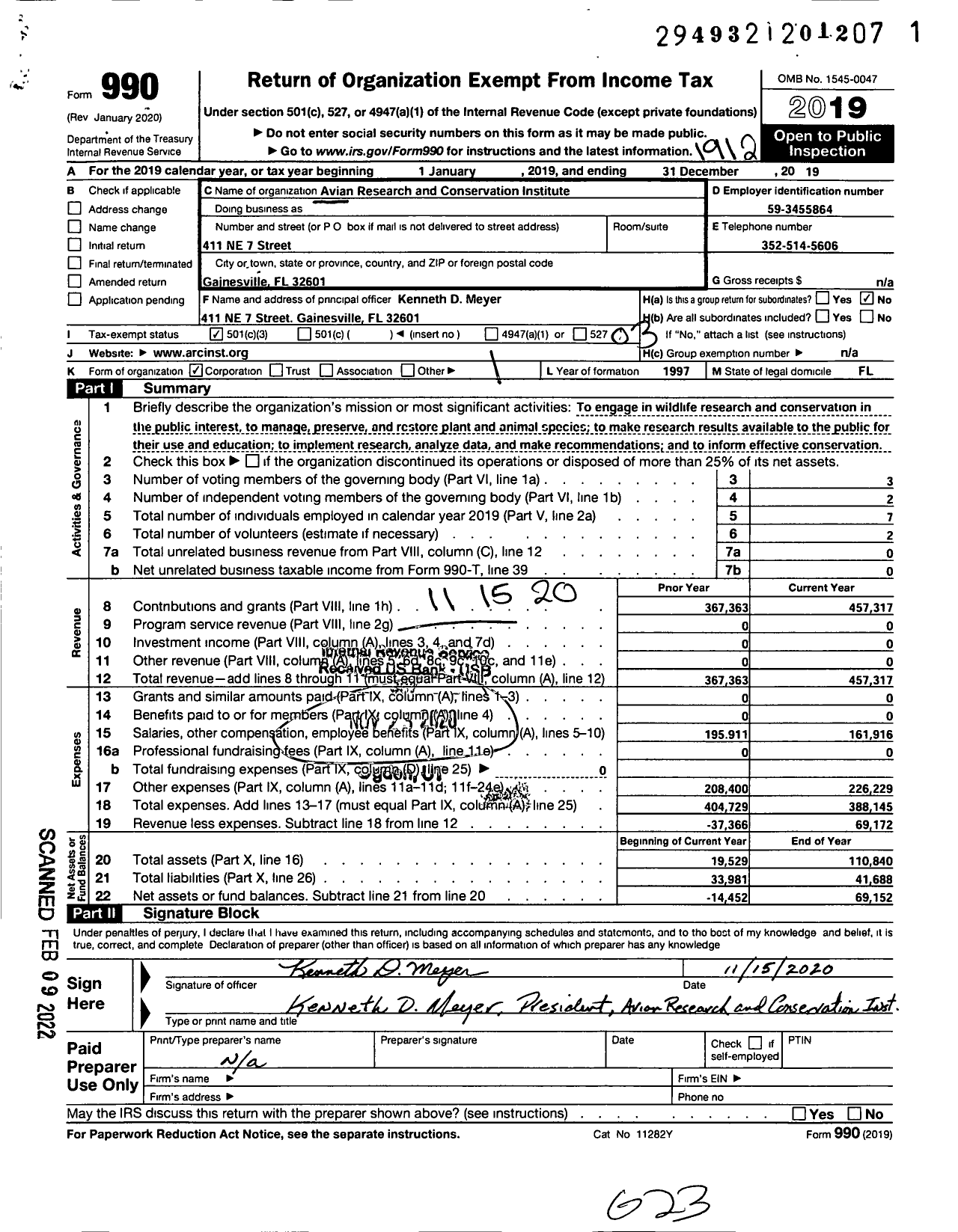 Image of first page of 2019 Form 990 for Avian Research AND Conservation Institute (ARCI)