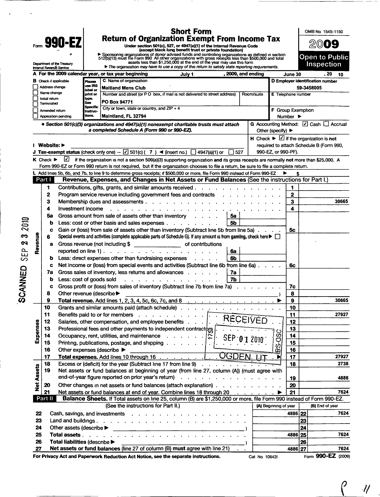 Image of first page of 2009 Form 990EO for Maitland Mens Club