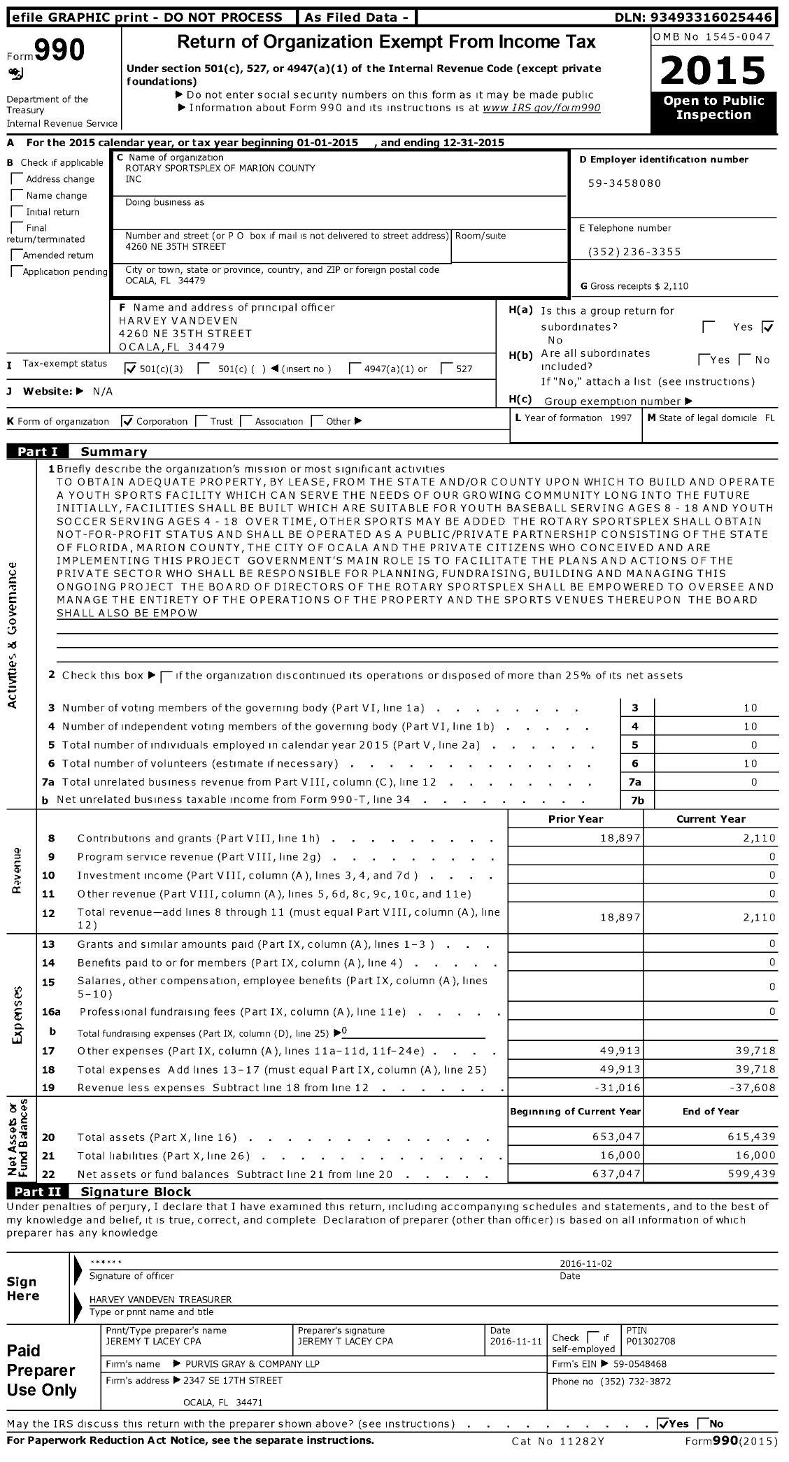 Image of first page of 2015 Form 990 for Rotary Sportsplex of Marion County