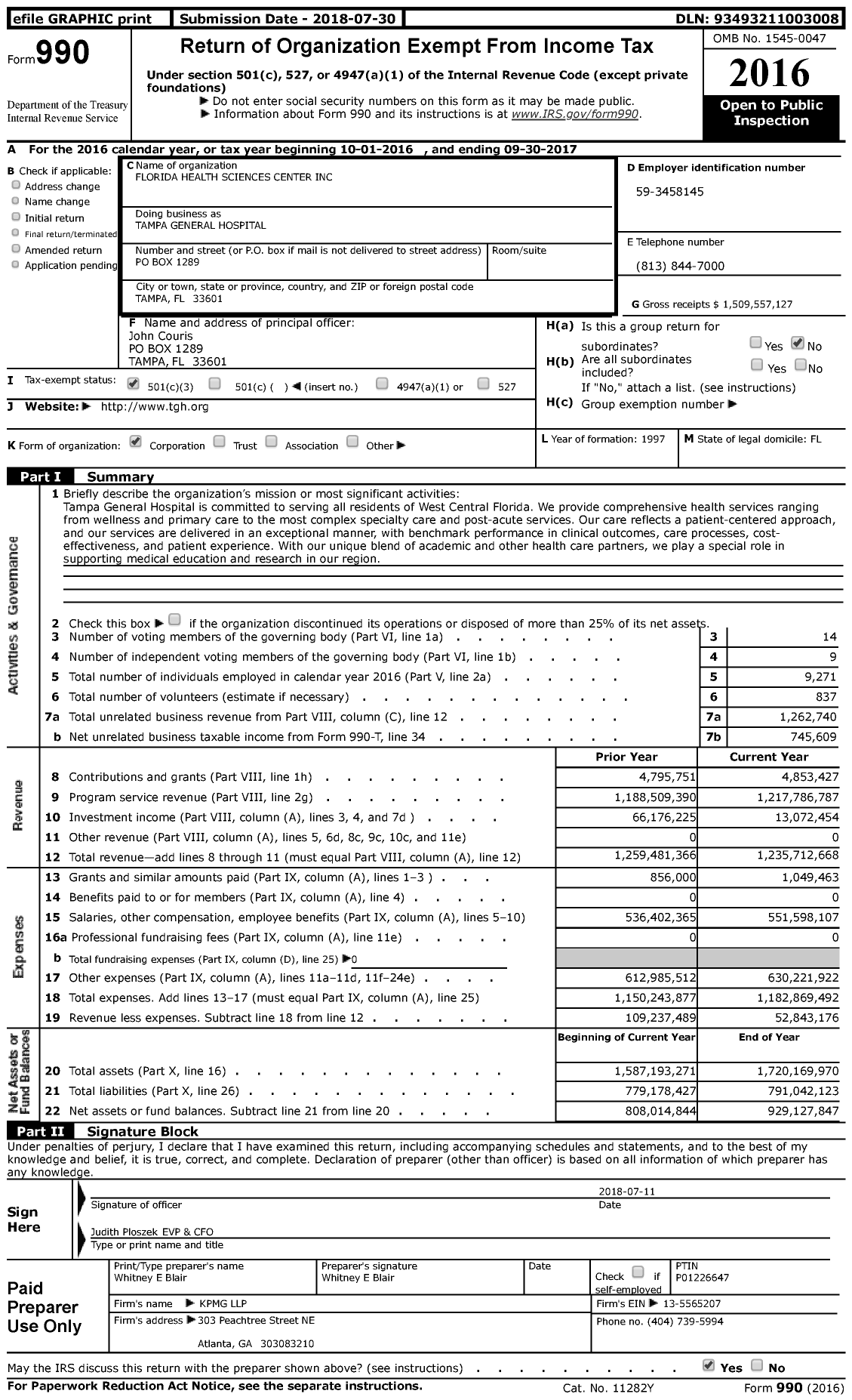 Image of first page of 2016 Form 990 for Tampa General Hospital (TGH)