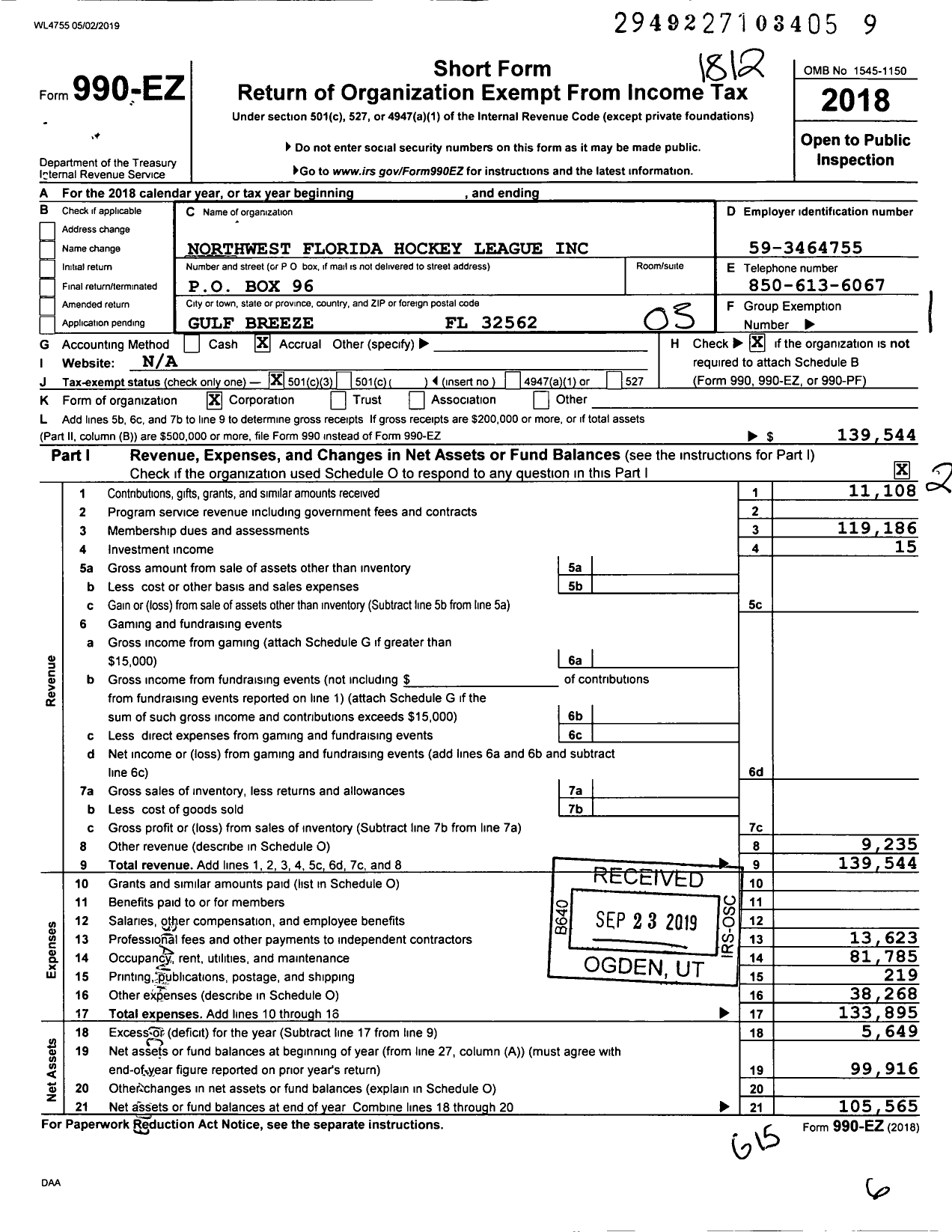 Image of first page of 2018 Form 990EZ for Northwest Florida Hockey League