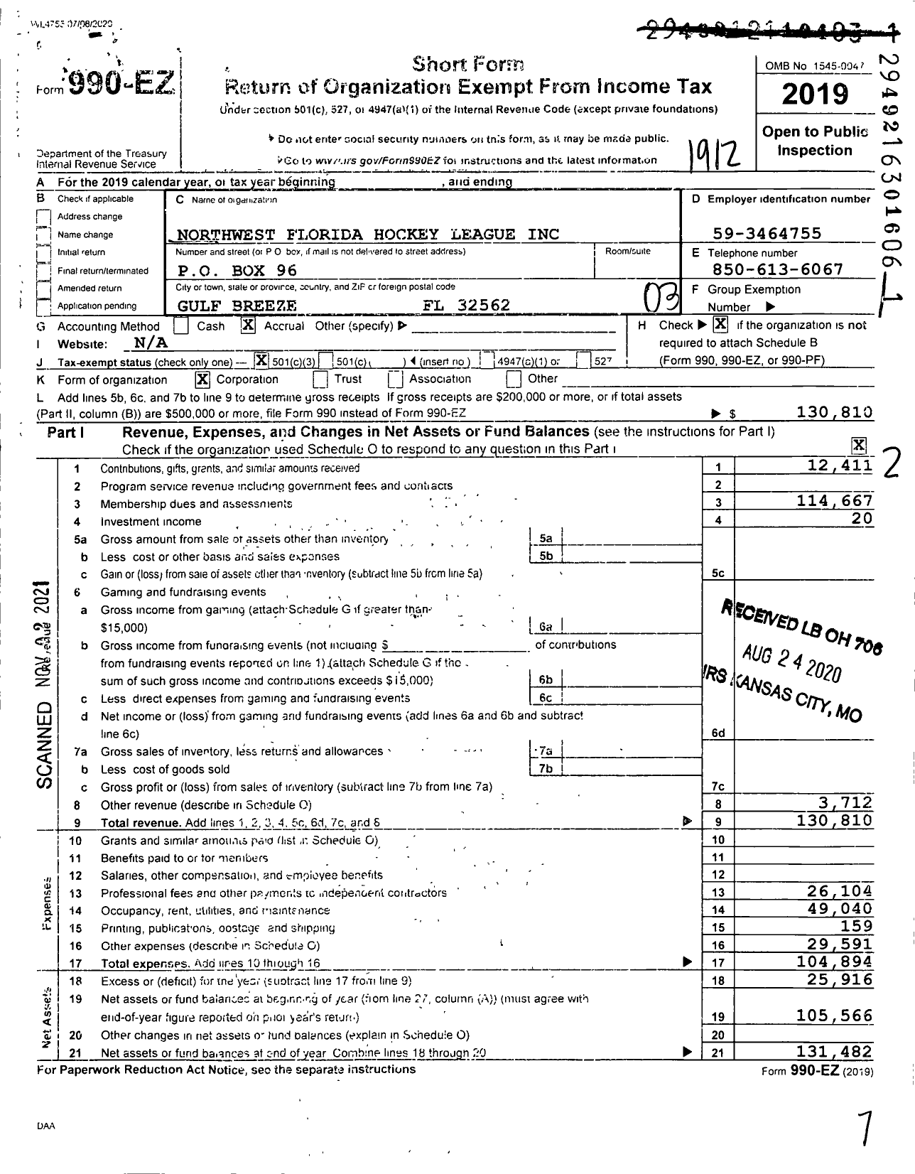 Image of first page of 2019 Form 990EZ for Northwest Florida Hockey League