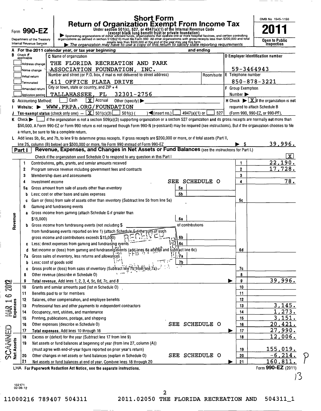 Image of first page of 2011 Form 990EZ for The Florida Recreation and Park Association Foundation