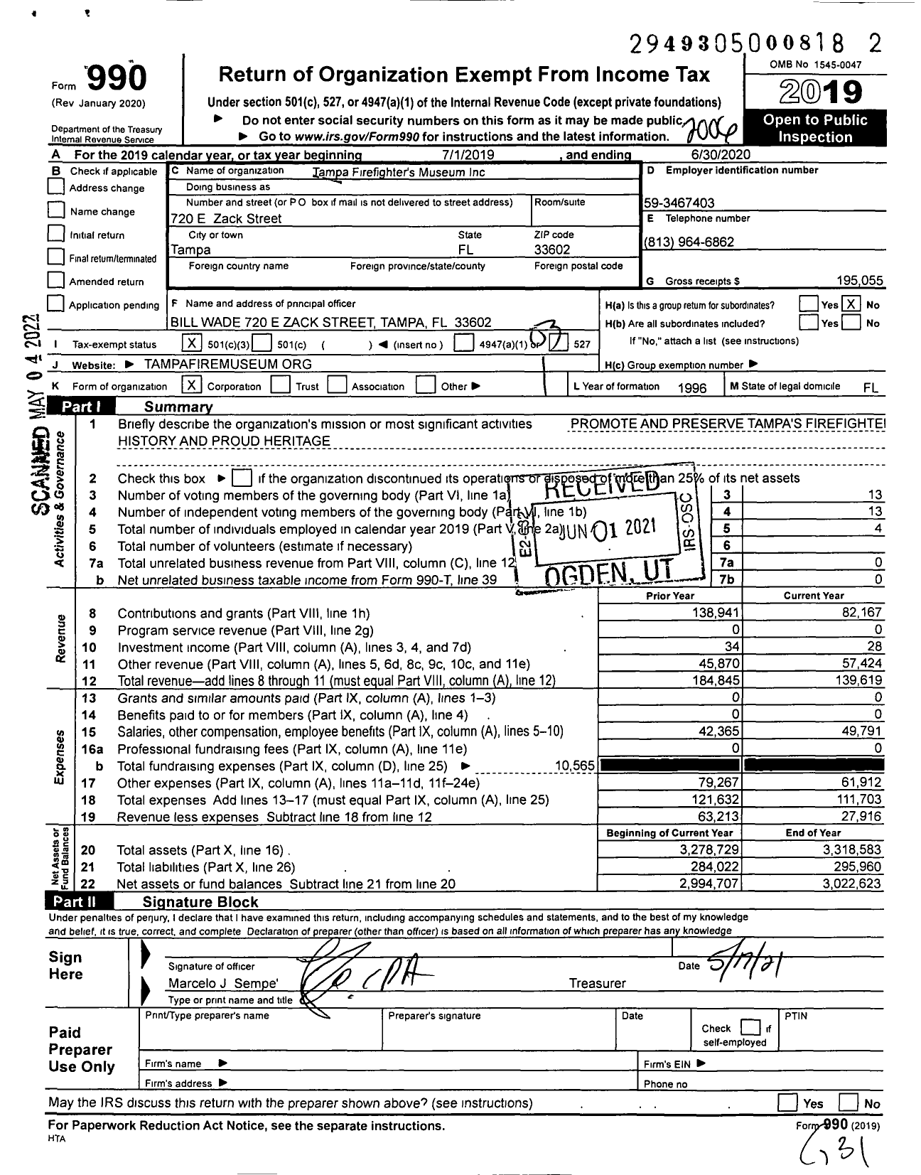 Image of first page of 2019 Form 990 for Tampa Firefighter's Museum