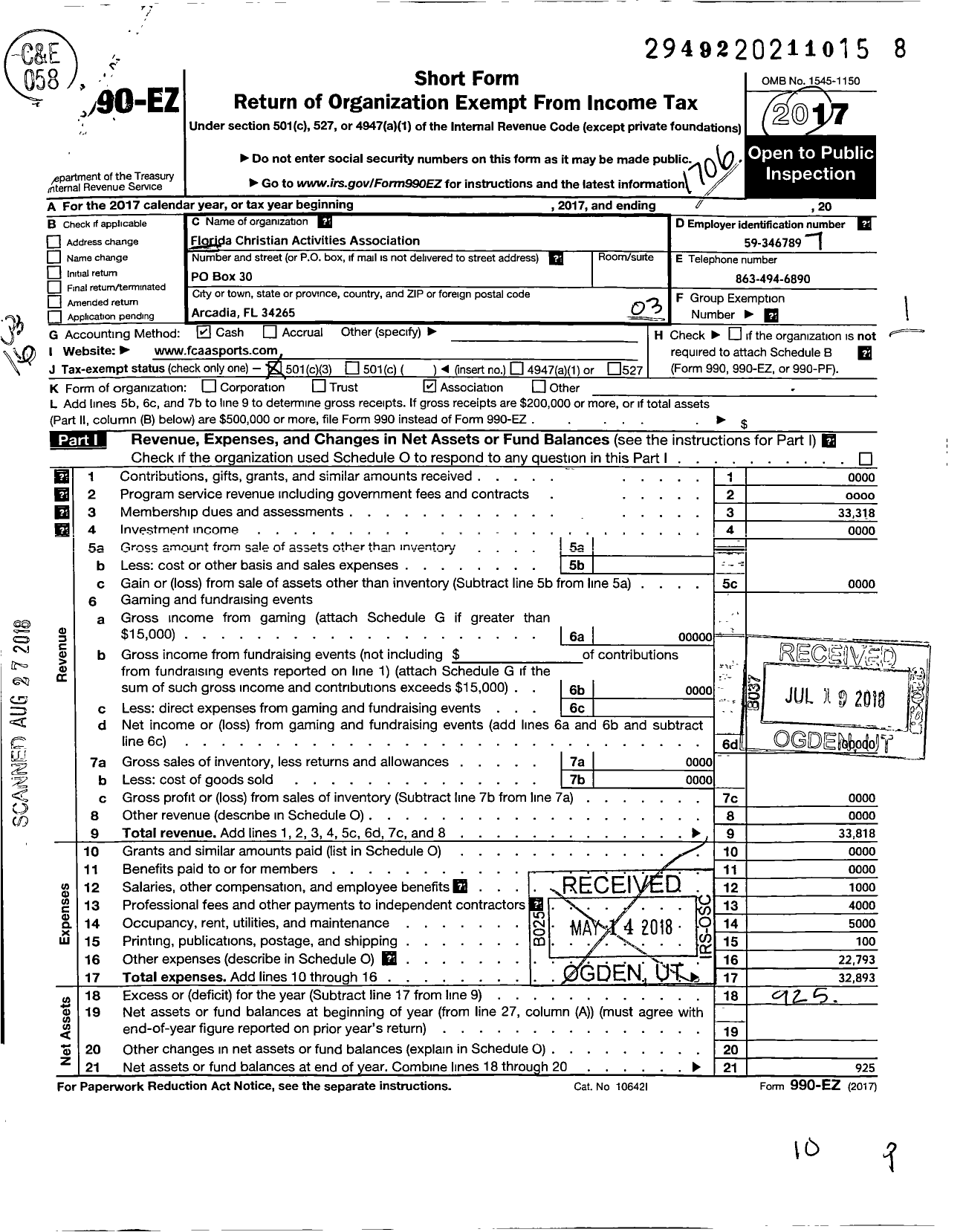 Image of first page of 2016 Form 990EZ for Florida Christian Activities Association