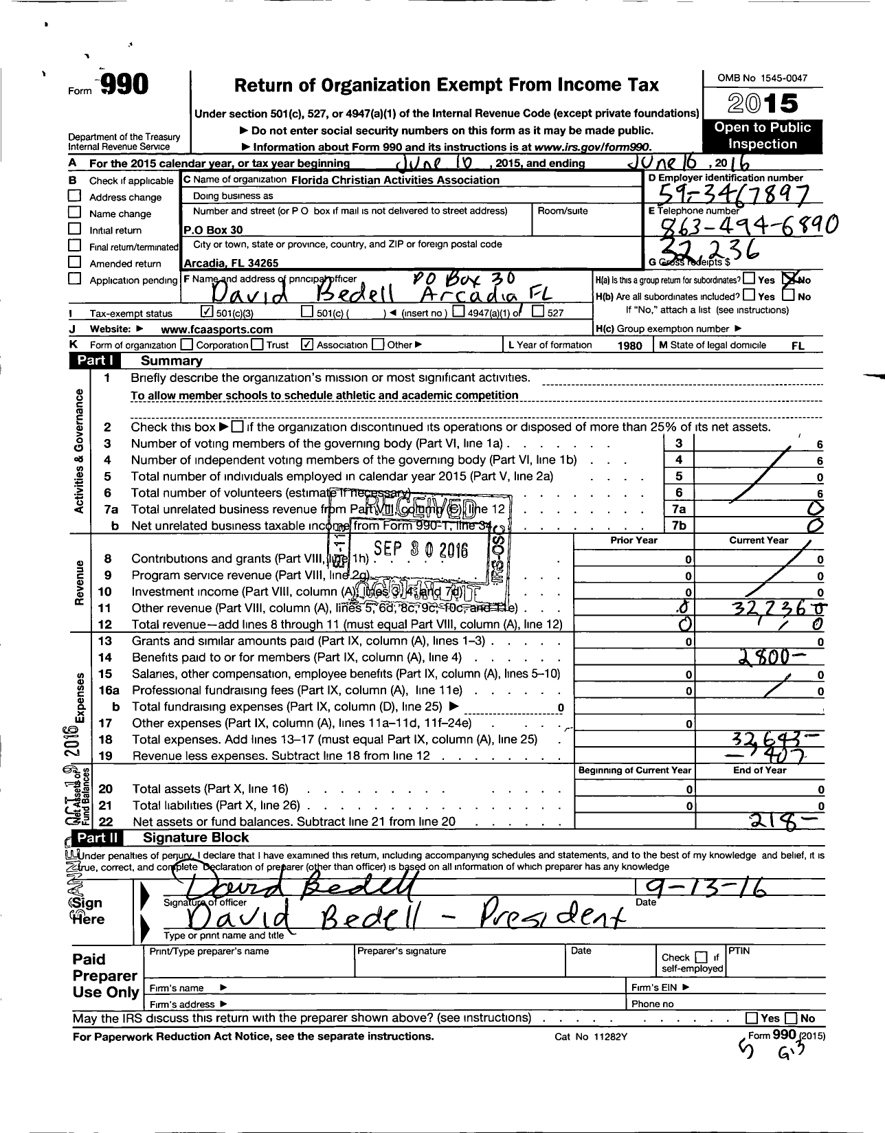 Image of first page of 2015 Form 990 for Florida Christian Activities Association