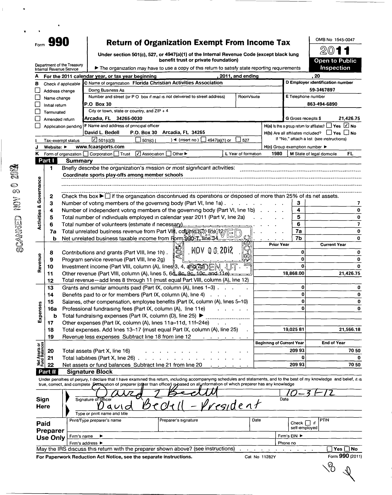 Image of first page of 2011 Form 990 for Florida Christian Activities Association