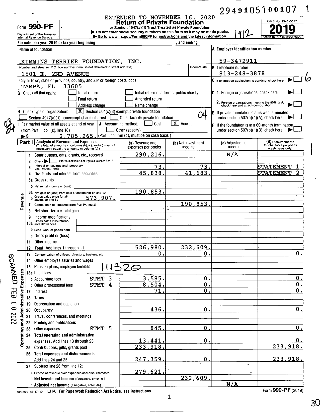 Image of first page of 2019 Form 990PF for Kimmins Terrier Foundation