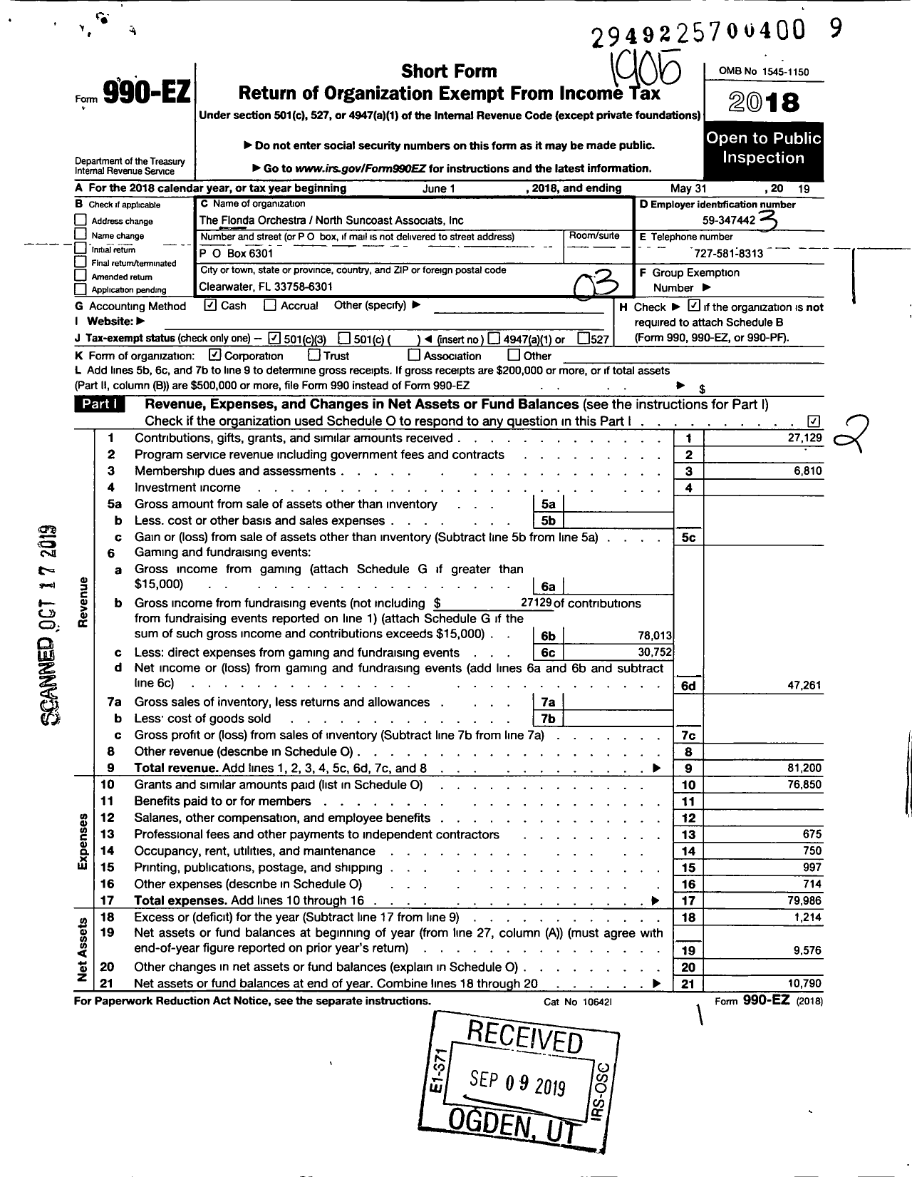 Image of first page of 2018 Form 990EZ for Florida Orchestra-North Suncoast Associates TFONSA