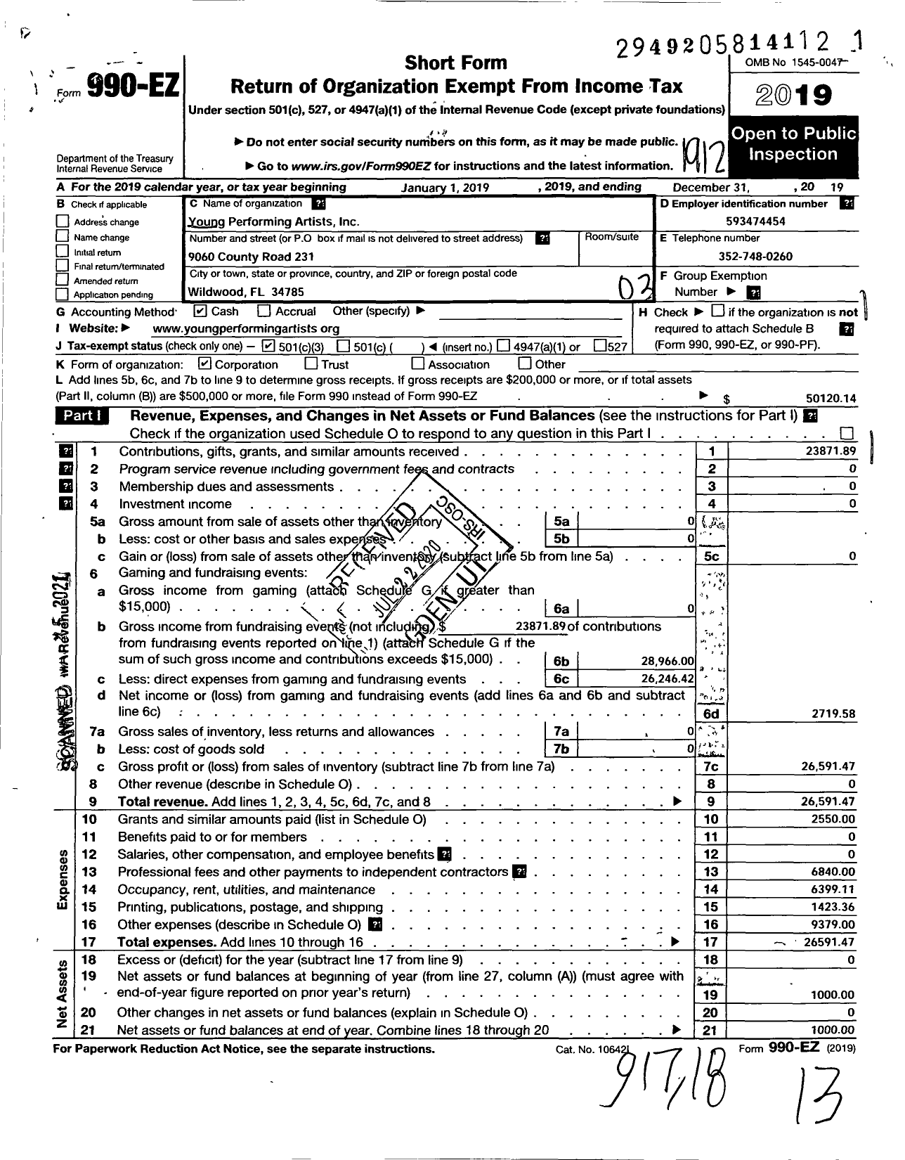 Image of first page of 2019 Form 990EZ for Young Performing Artists (YPAS)