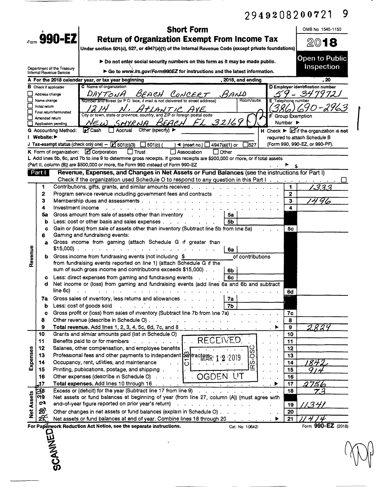 Image of first page of 2018 Form 990EZ for Daytona Beach Concert Band