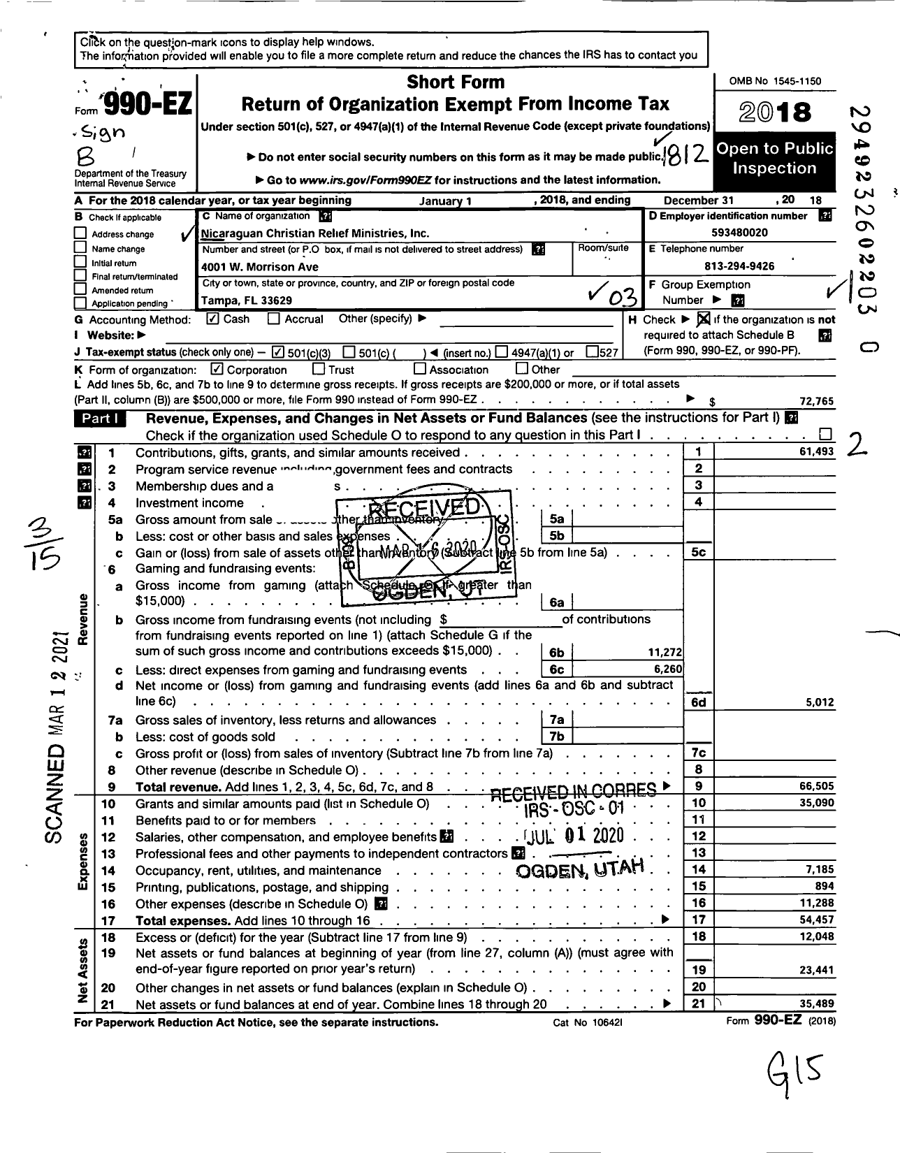 Image of first page of 2018 Form 990EZ for Nicaraguan Christian Relief Ministries