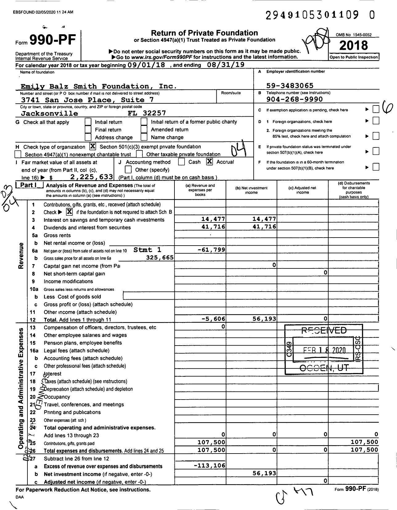 Image of first page of 2018 Form 990PR for Emily Balz Smith Foundation