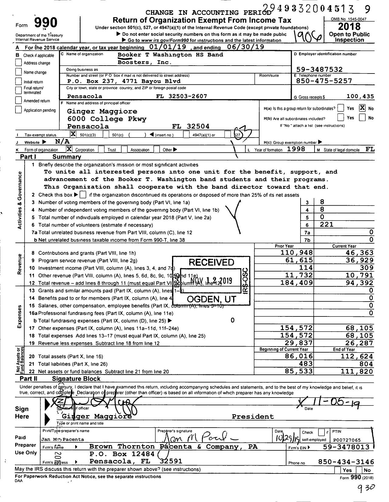 Image of first page of 2018 Form 990 for Booker T Washington HS Band Boosters