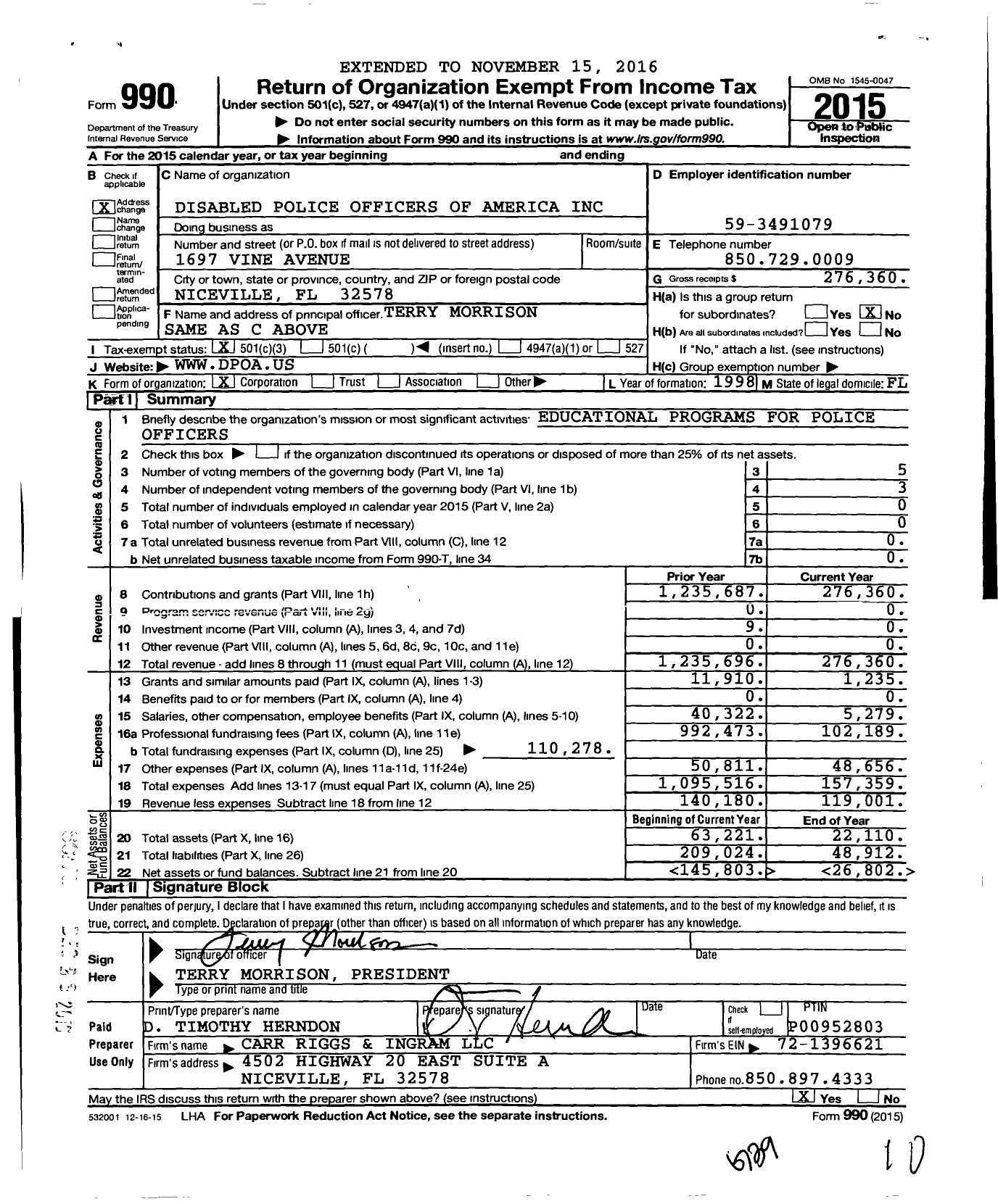 Image of first page of 2015 Form 990 for Disabled Police Officers of America