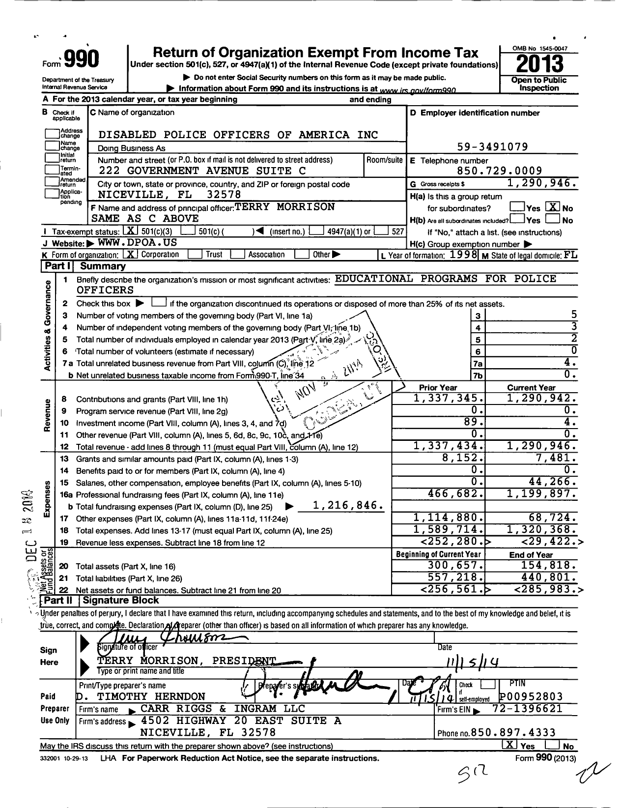 Image of first page of 2013 Form 990 for Disabled Police Officers of America