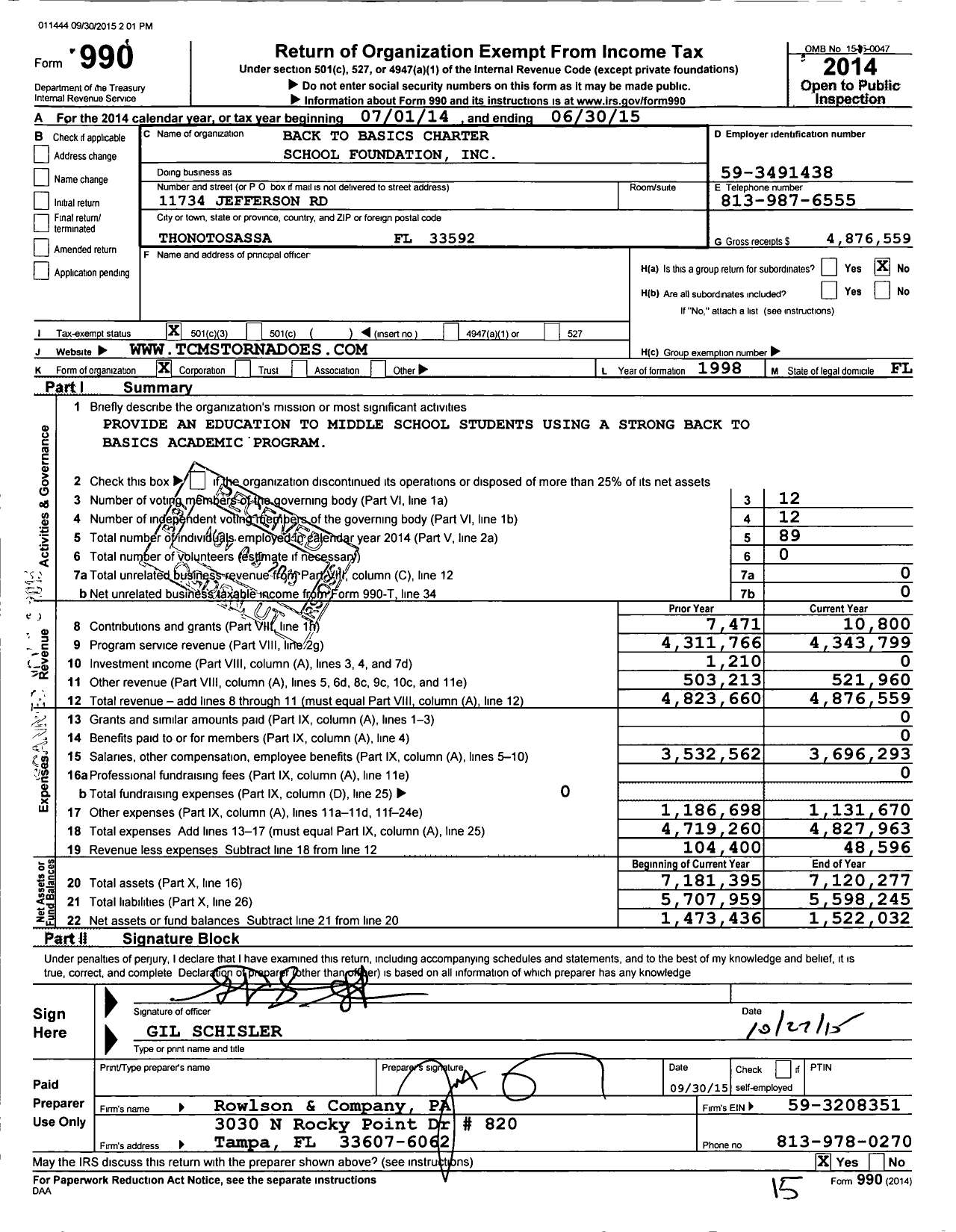 Image of first page of 2014 Form 990 for Terrace Community School (TCMS)