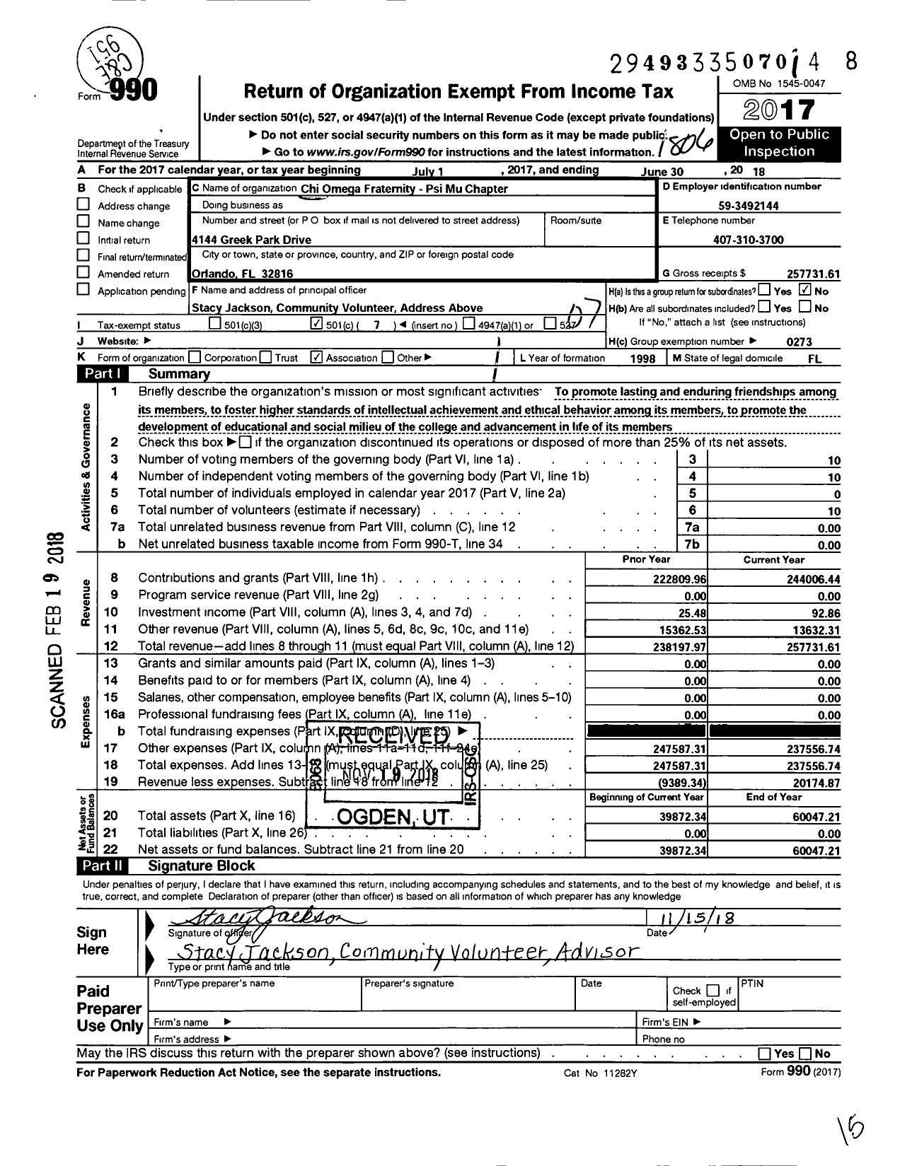 Image of first page of 2017 Form 990O for Chi OMEGA Fraternity - Psi Mu Chapter