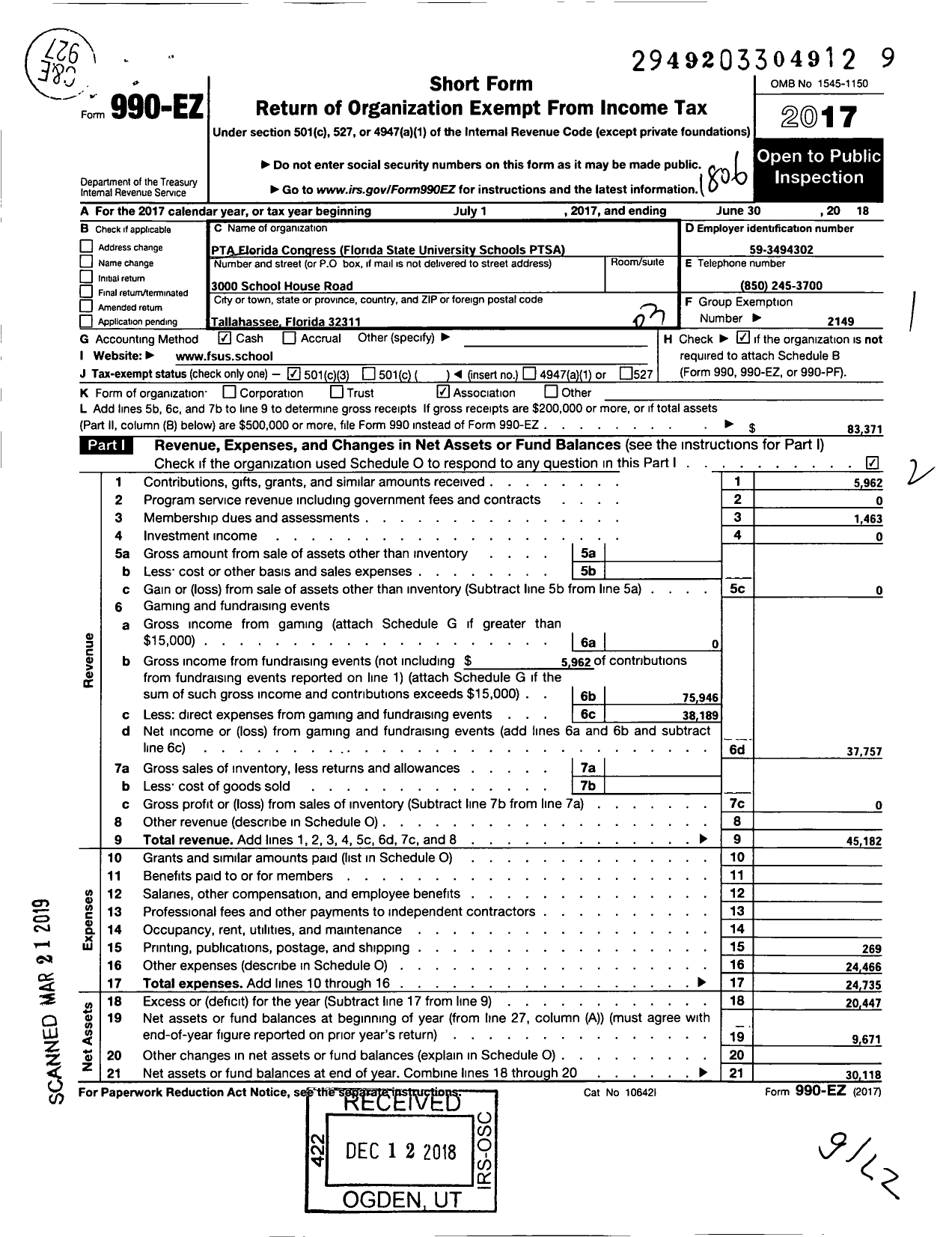 Image of first page of 2017 Form 990EZ for PTA Florida Congress - Florida State Univ School PTSA