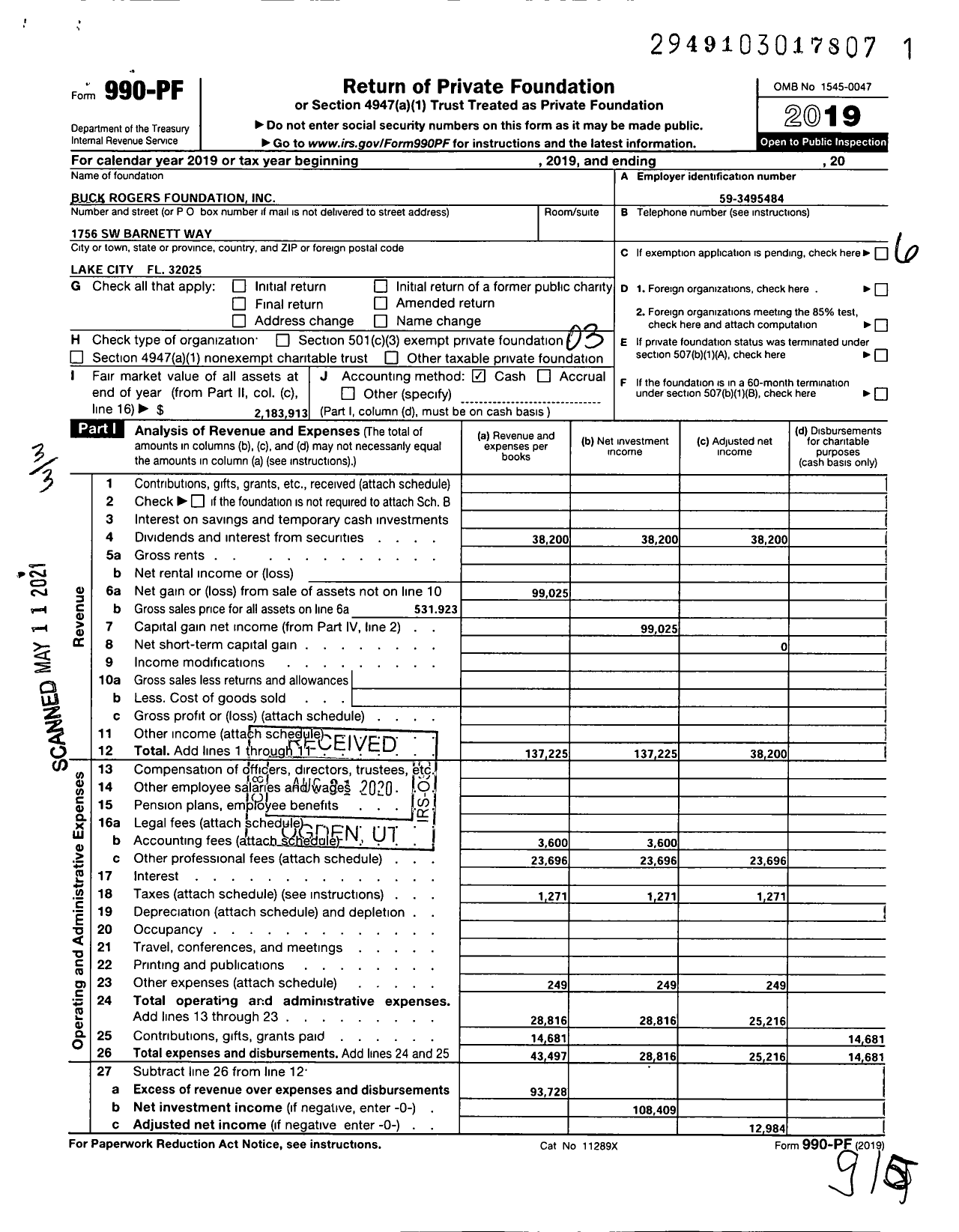 Image of first page of 2019 Form 990PF for Buck Rogers Foundation