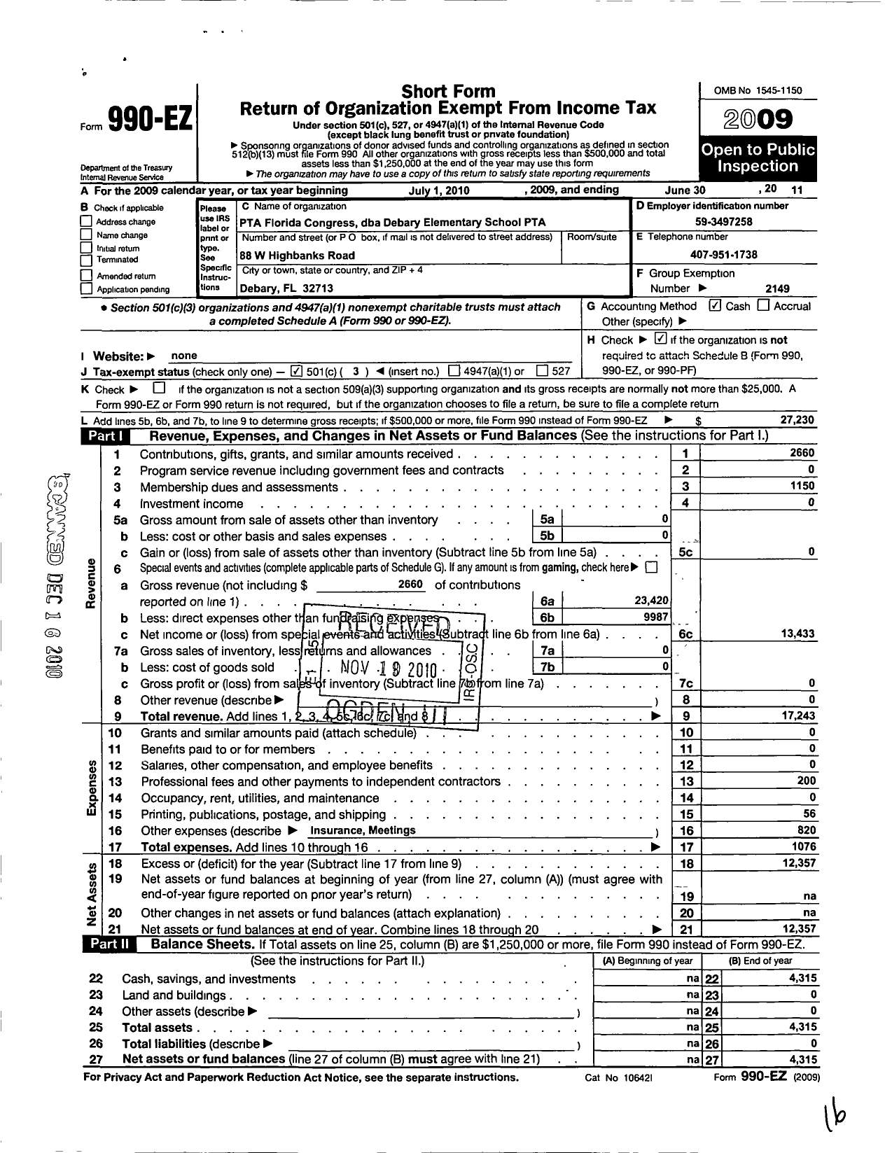 Image of first page of 2010 Form 990EZ for PTA Florida Congress - Debary Elementary PTA