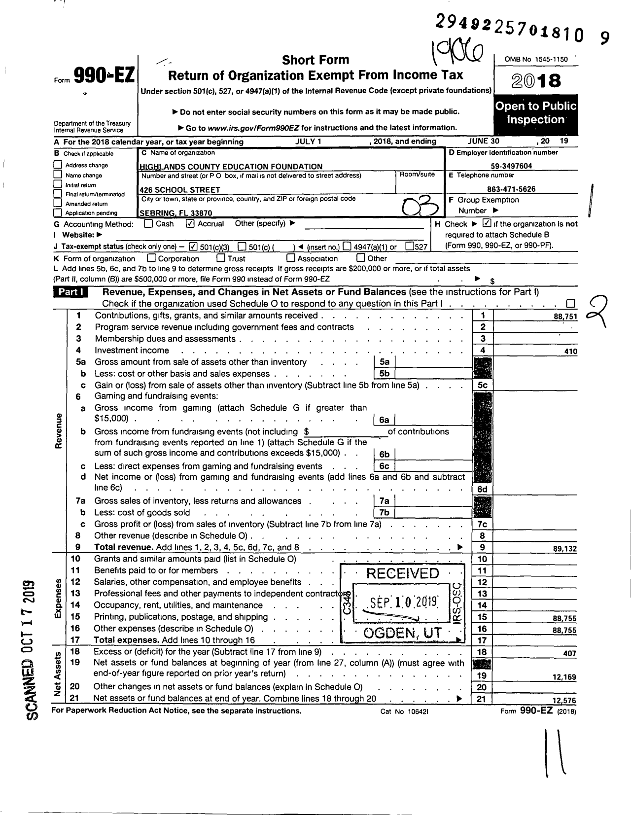 Image of first page of 2018 Form 990EZ for Highlands County Education Foundation