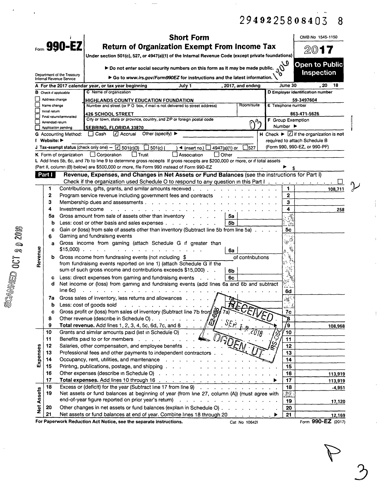 Image of first page of 2017 Form 990EZ for Highlands County Education Foundation