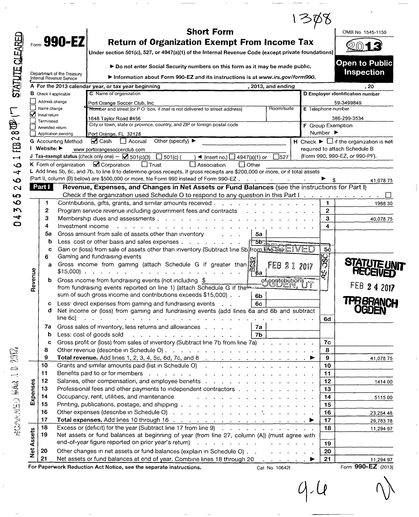 Image of first page of 2012 Form 990EZ for Port Orange Soccer Club