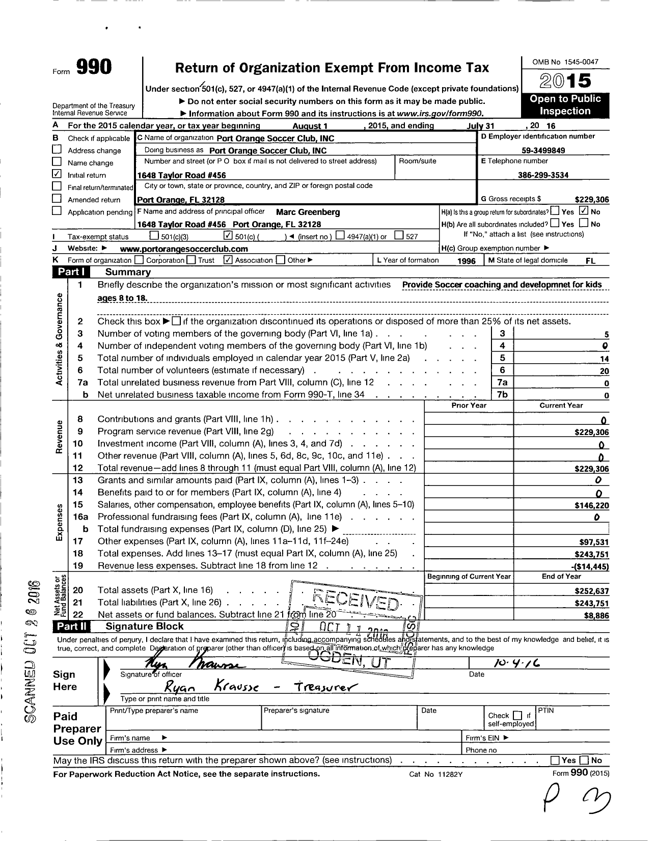 Image of first page of 2015 Form 990O for Port Orange Soccer Club