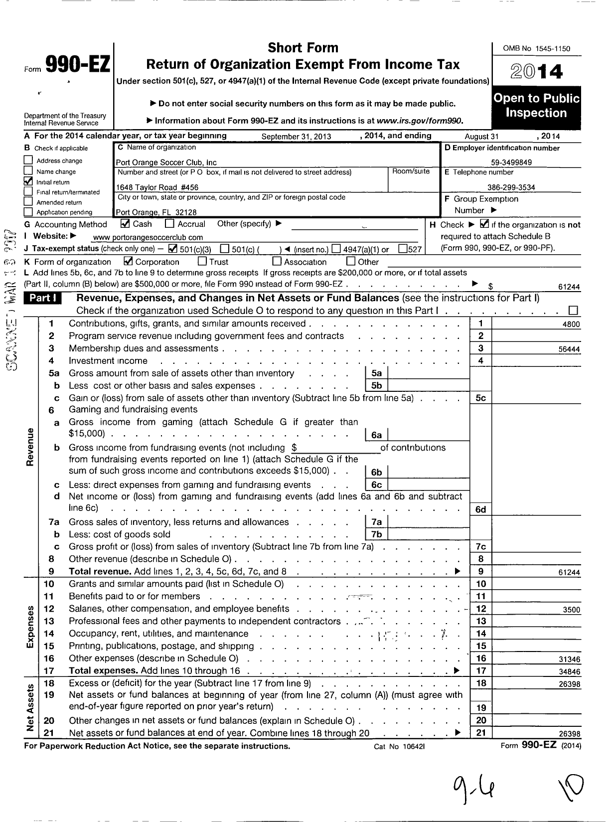 Image of first page of 2013 Form 990EZ for Port Orange Soccer Club