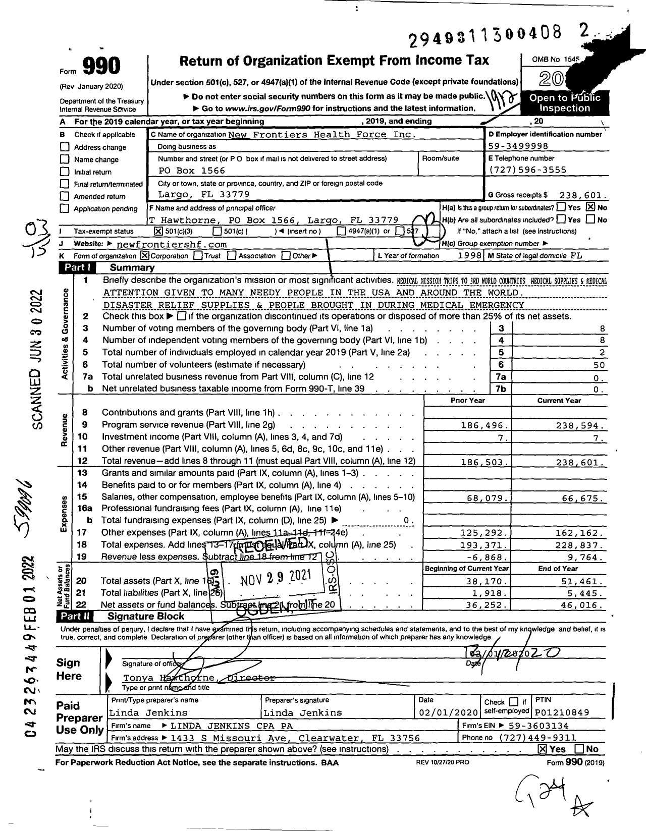 Image of first page of 2019 Form 990 for New Frontiers Health Force