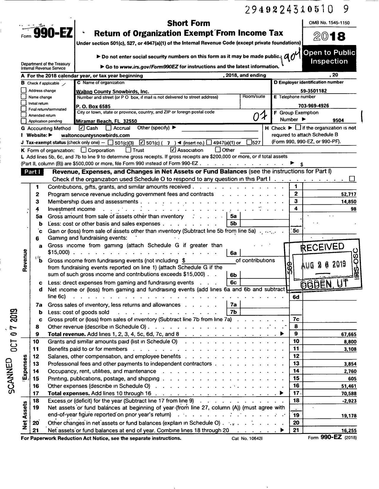 Image of first page of 2018 Form 990EO for Walton County Snowbirds