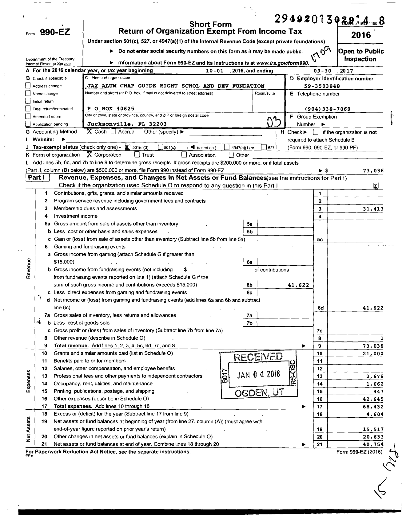 Image of first page of 2016 Form 990EZ for Kappa Alpha Psi Jacksonville Foundation