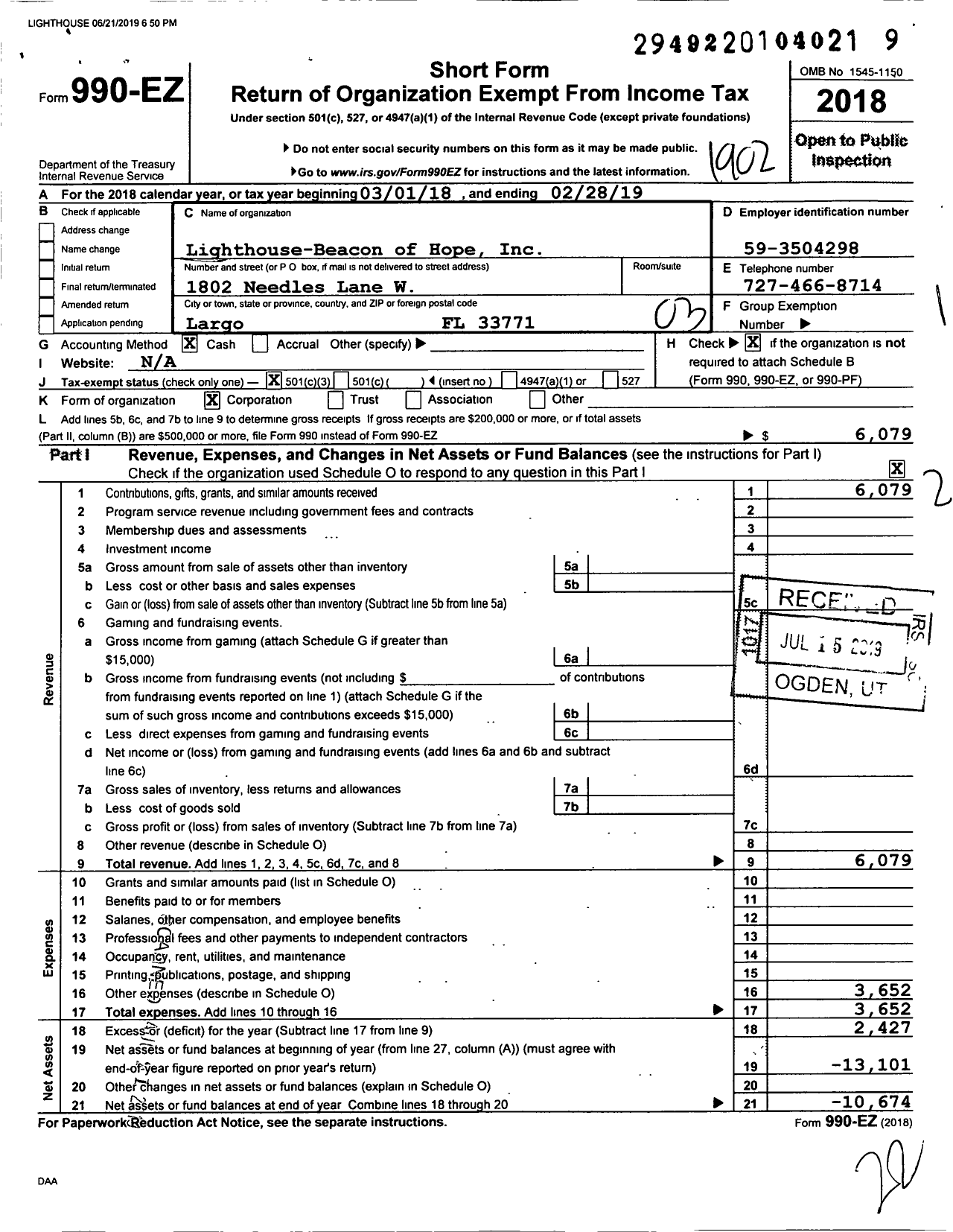 Image of first page of 2018 Form 990EZ for Lighthouse-Beacon of Hope