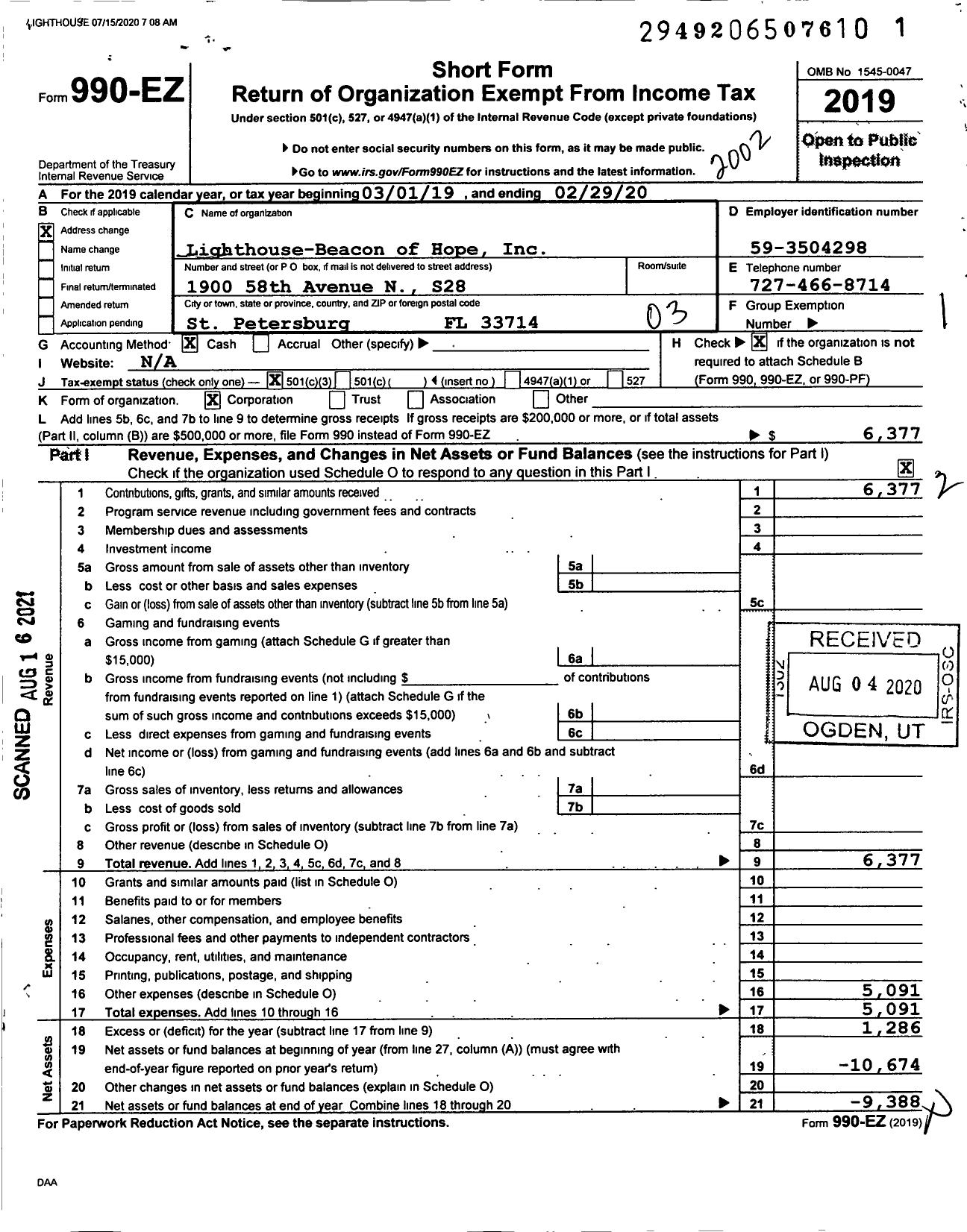 Image of first page of 2019 Form 990EZ for Lighthouse-Beacon of Hope