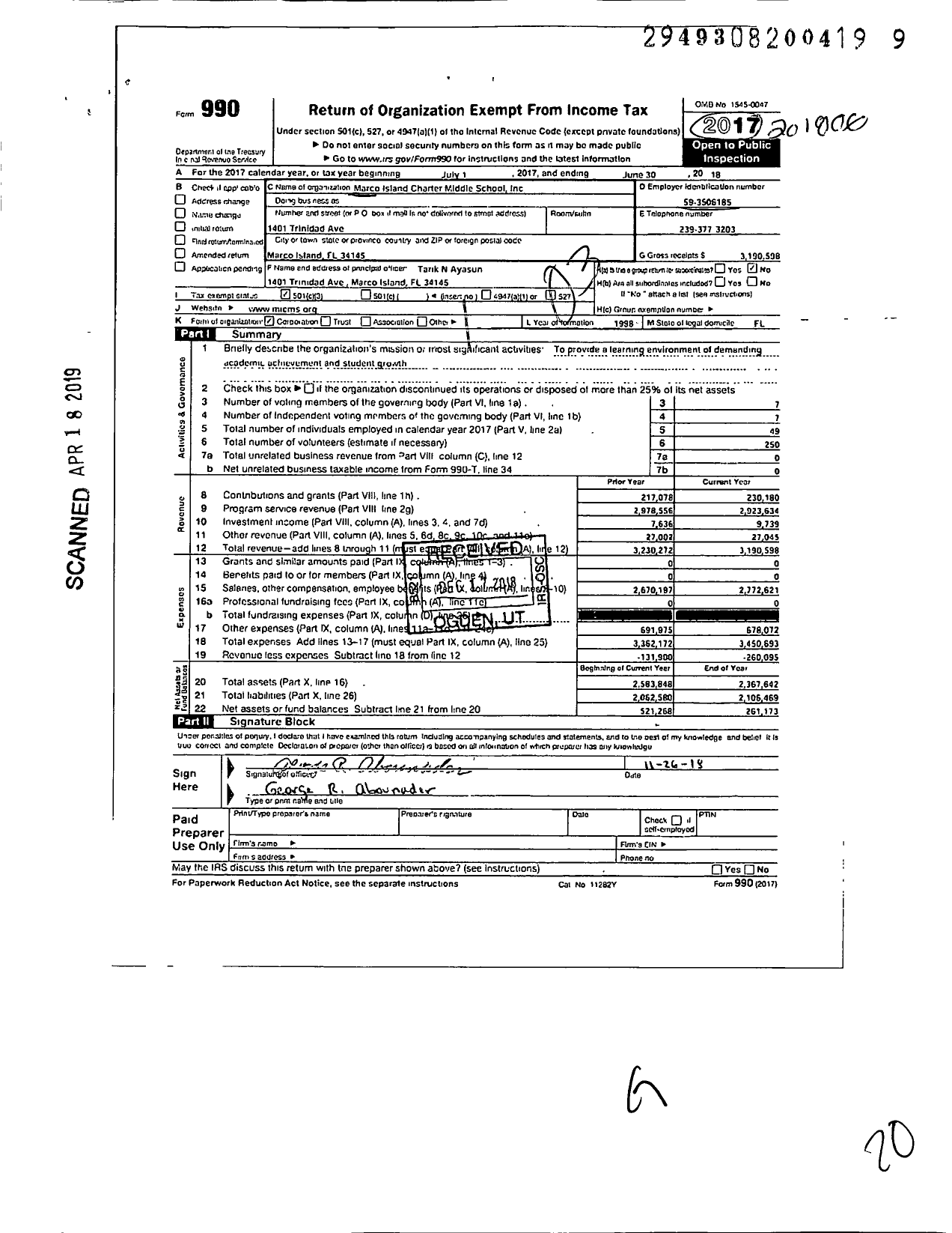 Image of first page of 2017 Form 990 for Marco Island Charter Middle School
