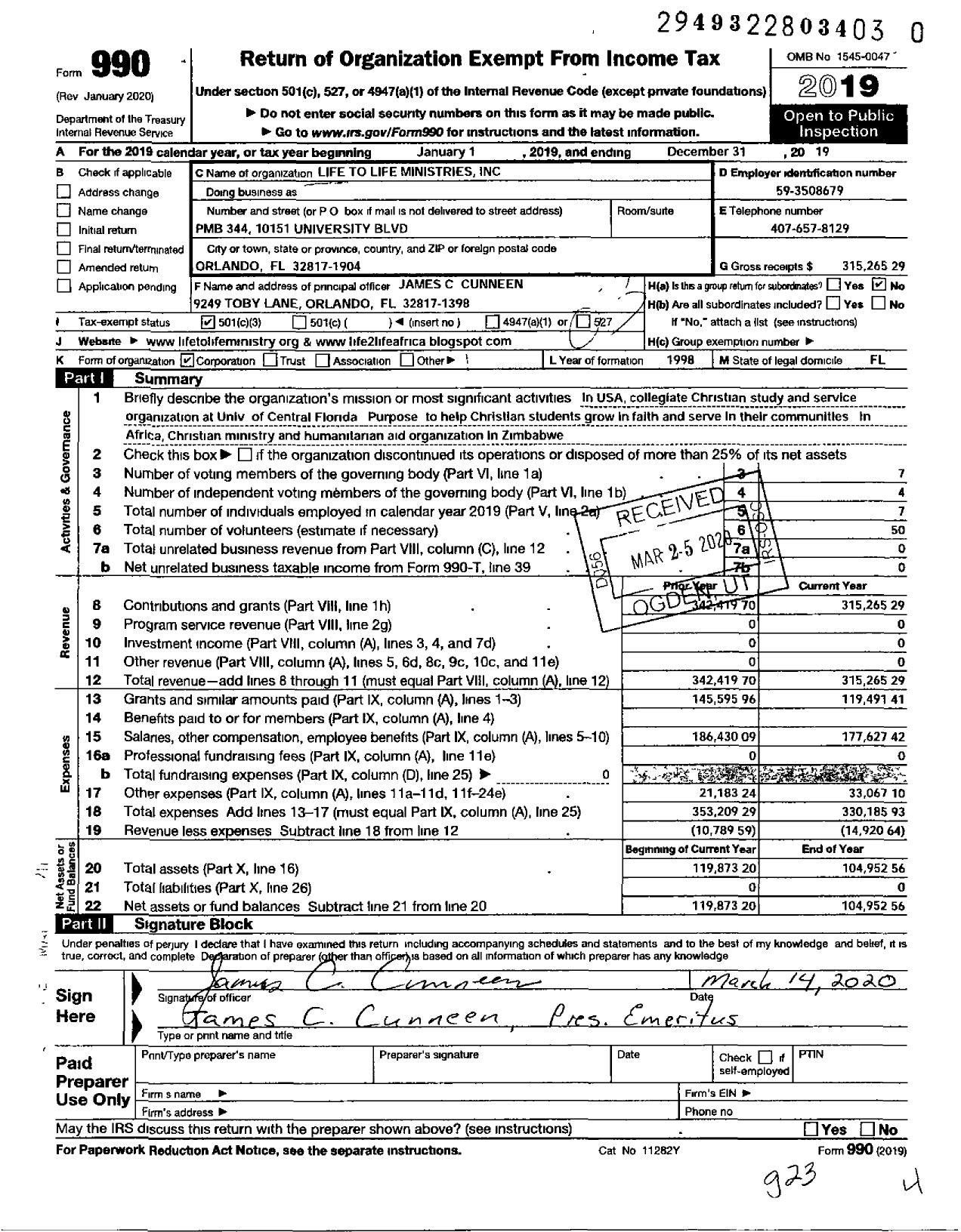 Image of first page of 2019 Form 990 for Life To Life Ministries