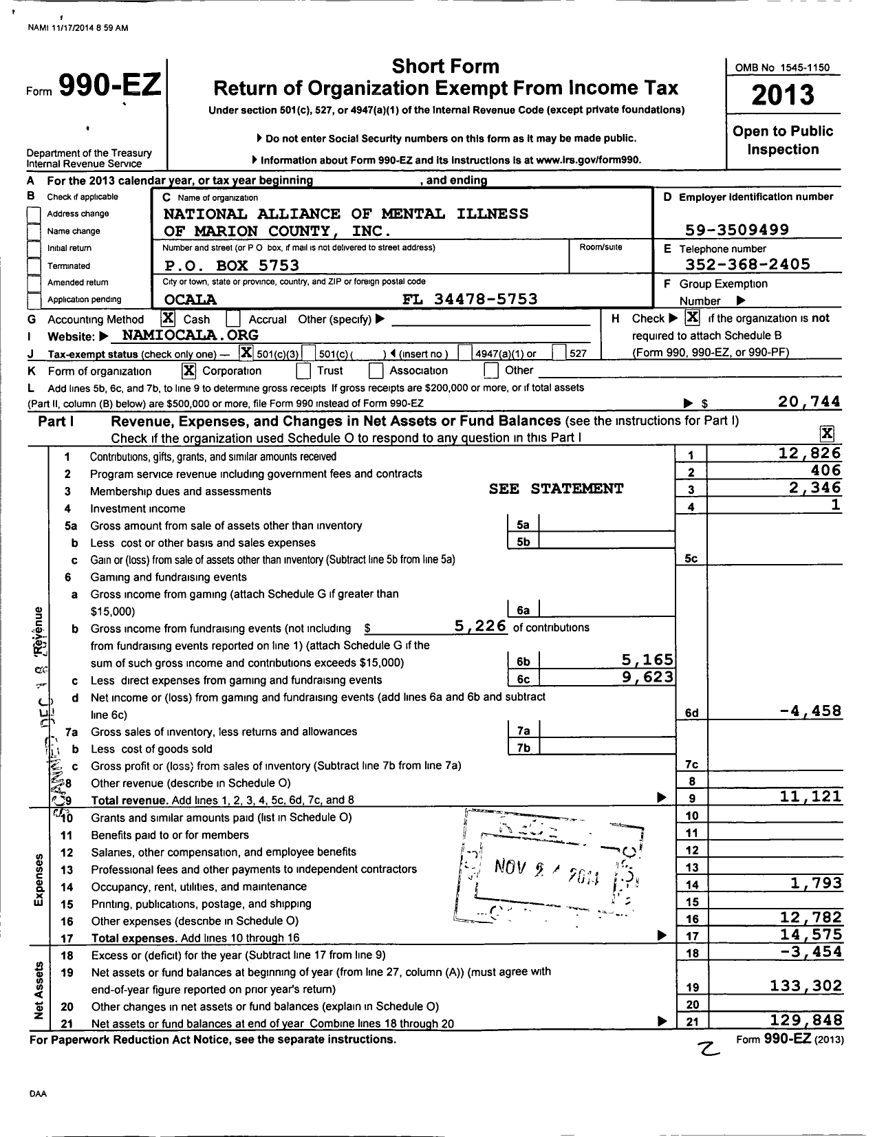 Image of first page of 2013 Form 990EZ for Nami Marion County