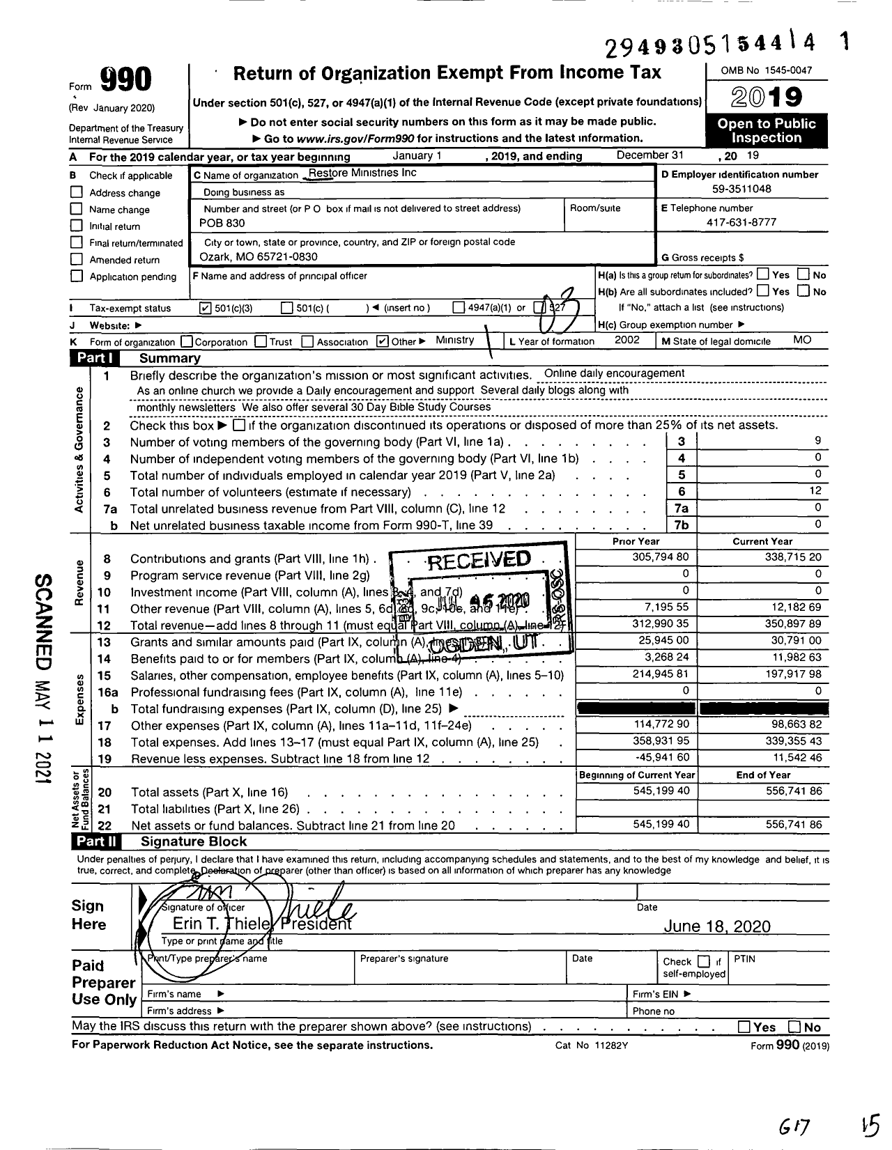 Image of first page of 2019 Form 990 for Restore Ministries