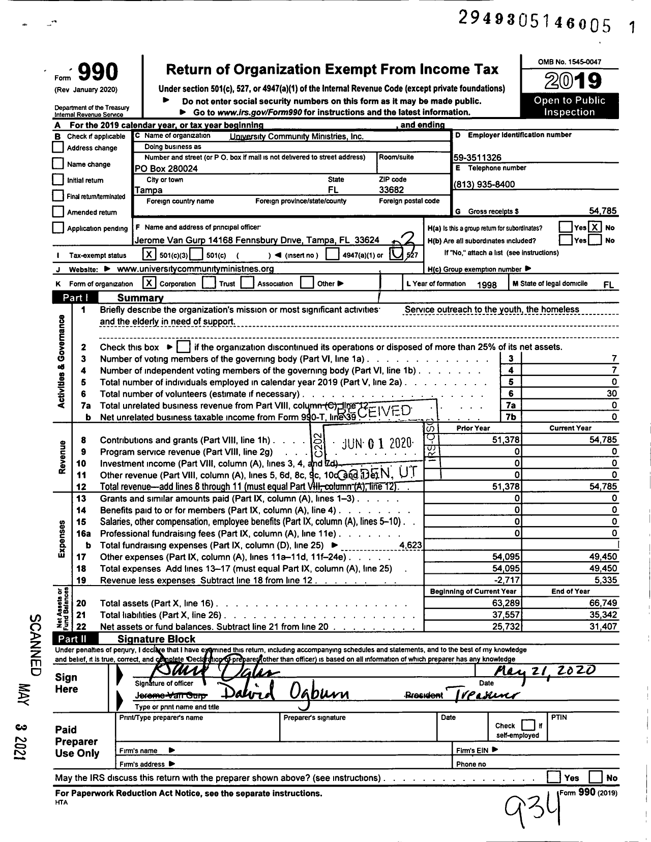 Image of first page of 2019 Form 990 for Unviversity Community Ministries