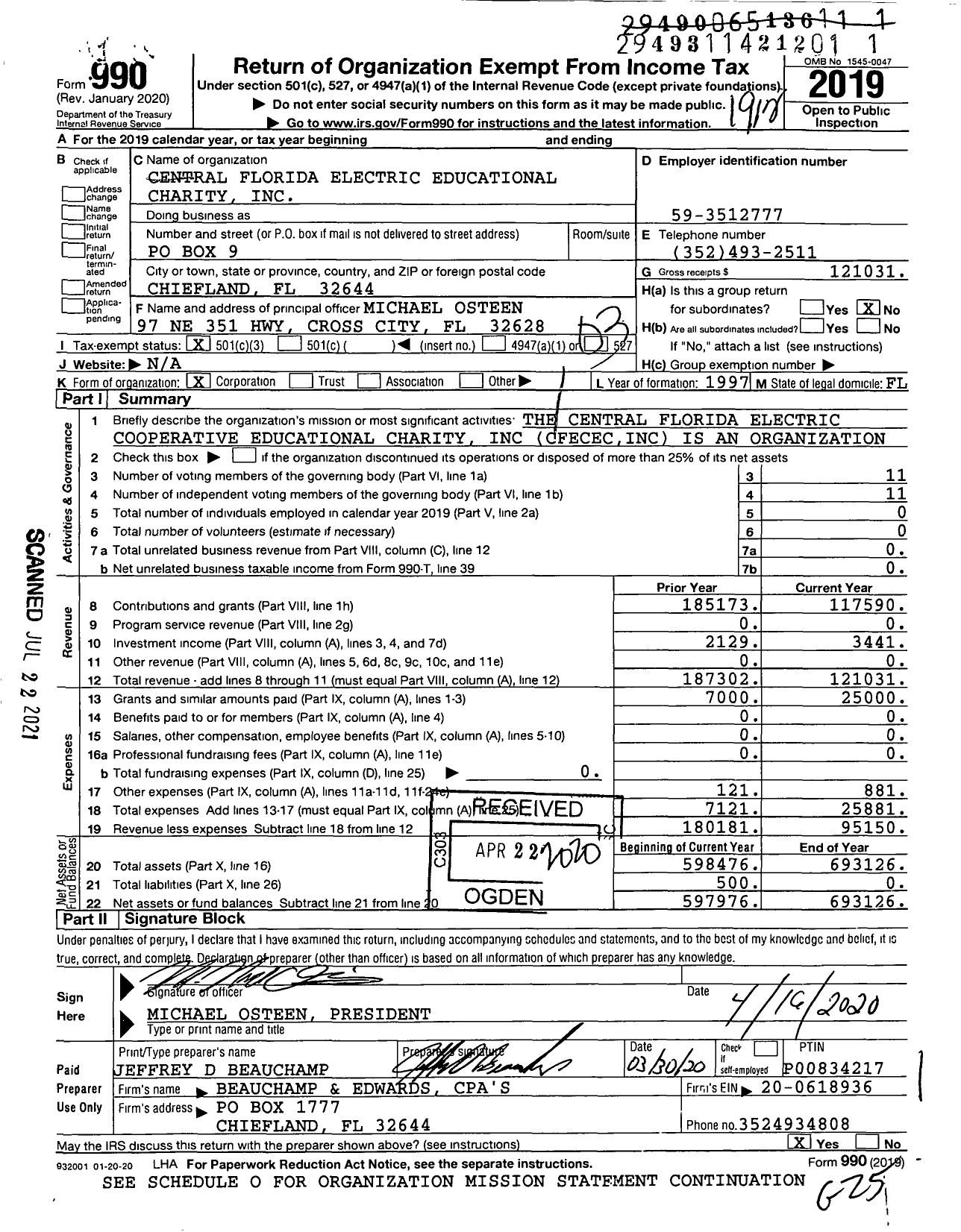 Image of first page of 2019 Form 990 for Central Florida Electric Educational Charity