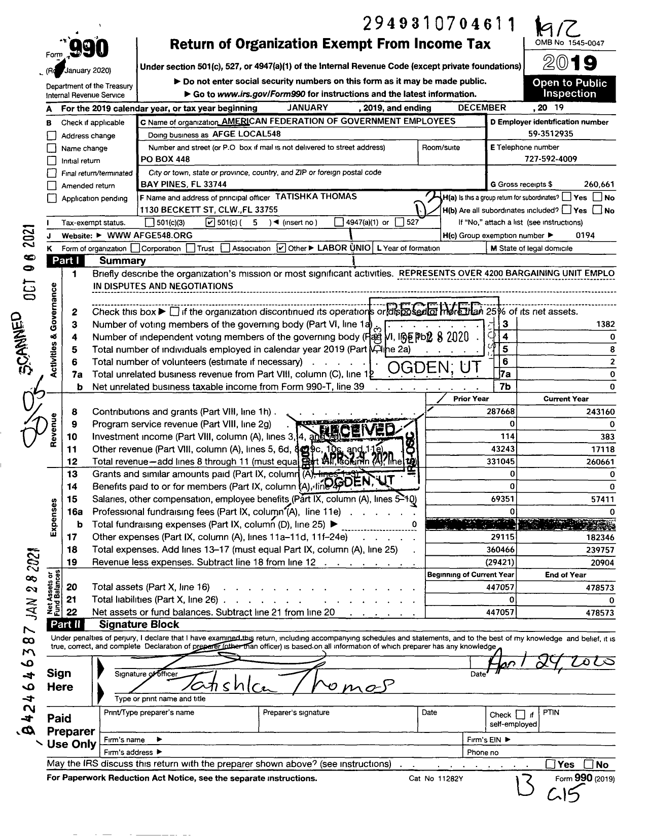 Image of first page of 2019 Form 990O for American Federation of Government Employees - AFGE Local 548