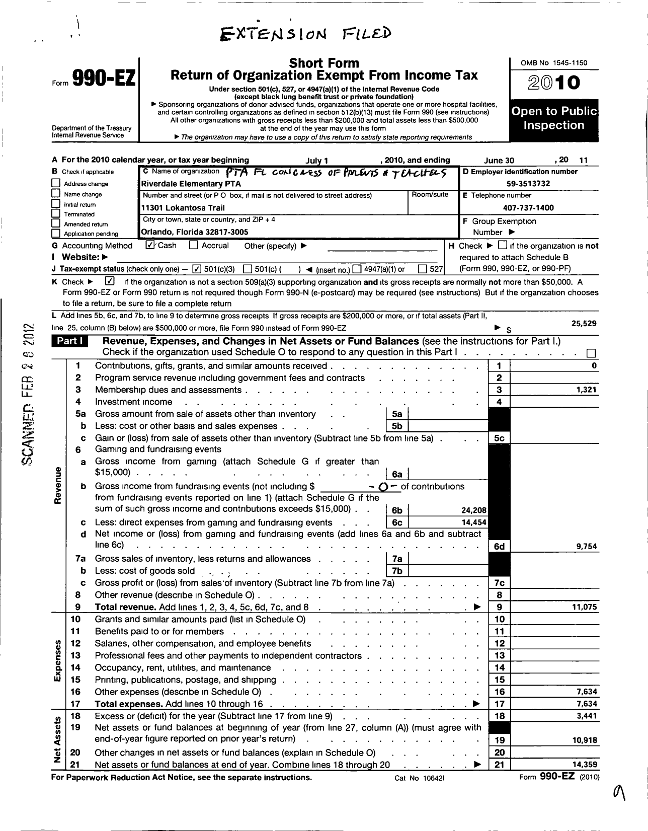 Image of first page of 2010 Form 990EZ for PTA Florida Congress - Riverdale Elementary PTA