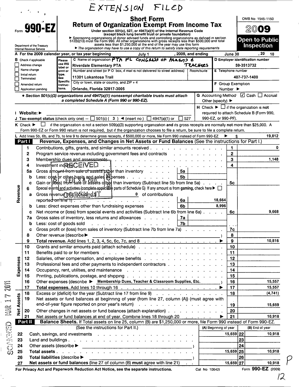 Image of first page of 2009 Form 990EZ for PTA Florida Congress - Riverdale Elementary PTA